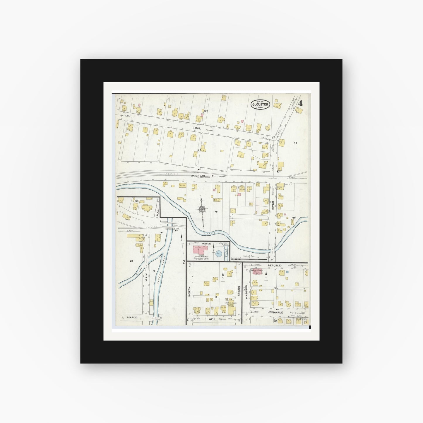 Old map wall art mockup — black gallery frame with white mat — Sanborn Fire Insurance Map from Glouster, Athens County, Ohio (1912), Sheet #0004