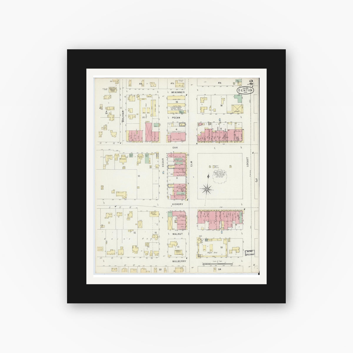 Old map wall art mockup — black gallery frame with white mat — Sanborn Fire Insurance Map from Denton, Denton County, Texas (1896), Sheet #0002