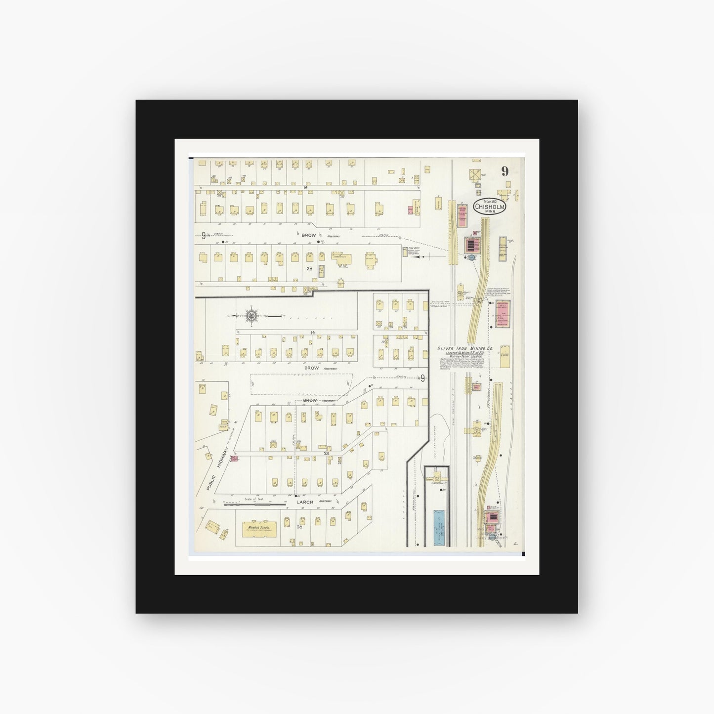 Old map wall art mockup — black gallery frame with white mat — Sanborn Fire Insurance Map from Chisholm, Saint Louis County, Minnesota (1912), Sheet #0009