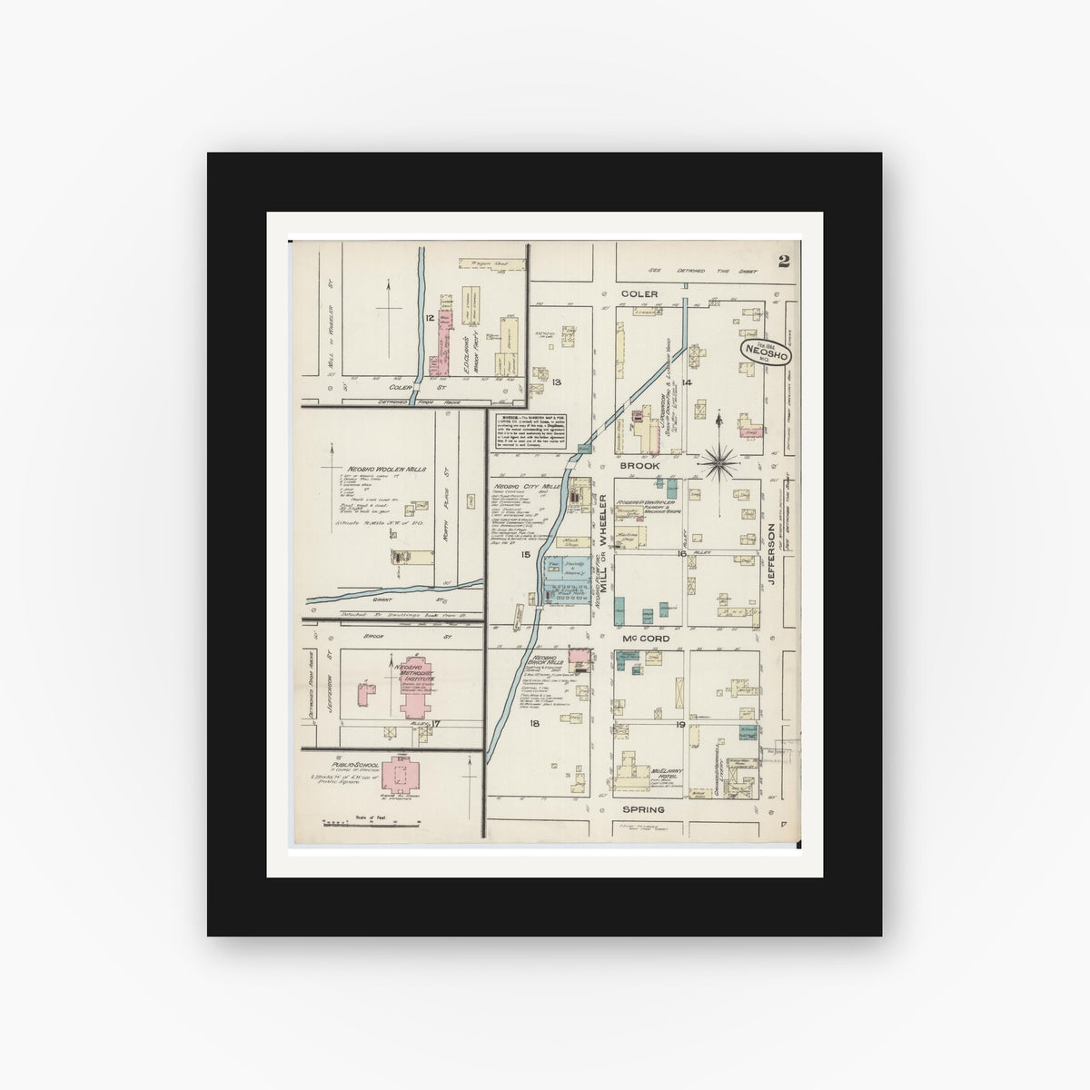 Old map wall art mockup — black gallery frame with white mat — Sanborn Fire Insurance Map from Neosho, Newton County, Missouri (1884), Sheet #0002