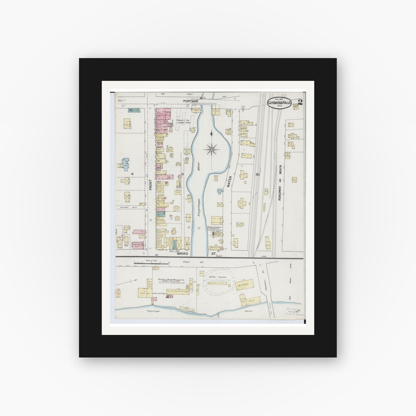 Old map wall art mockup — black gallery frame with white mat — Sanborn Fire Insurance Map from Cuyahoga Falls, Summit County, Ohio (1889), Sheet #0002