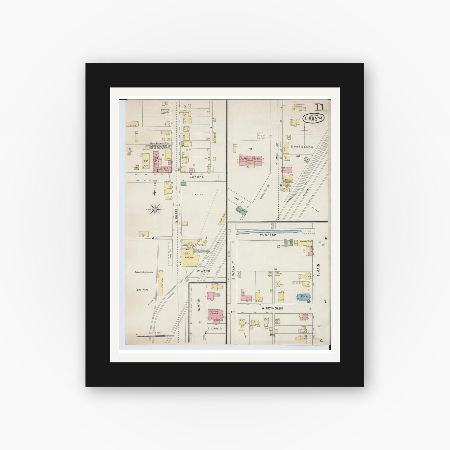 Old map wall art mockup — black gallery frame with white mat — Sanborn Fire Insurance Map from Urbana, Champaign County, Ohio (1895), Sheet #0011