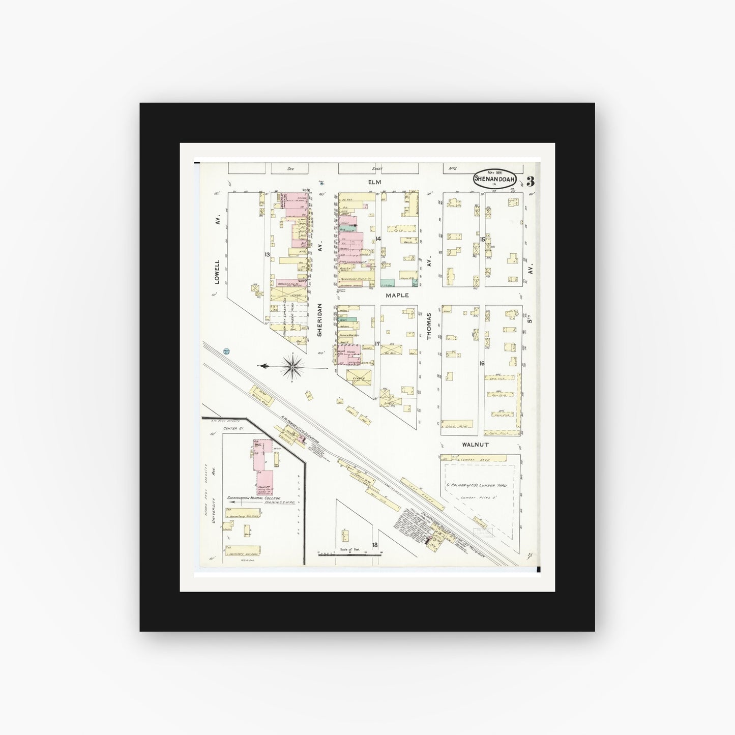 Old map wall art mockup β black gallery frame with white mat β Sanborn Fire Insurance Map from Shenandoah, Page County, Iowa (1891), Sheet #0003