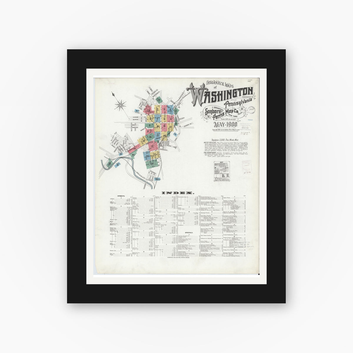 Old map wall art mockup — black gallery frame with white mat — Sanborn Fire Insurance Map from Washington, Washington County, Pennsylvania (1900) - Complete Map Set