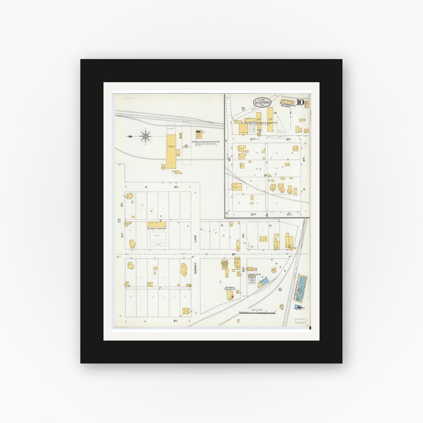 Old map wall art mockup — black gallery frame with white mat — Sanborn Fire Insurance Map from Bedford, Lawrence County, Indiana (1904), Sheet #0010