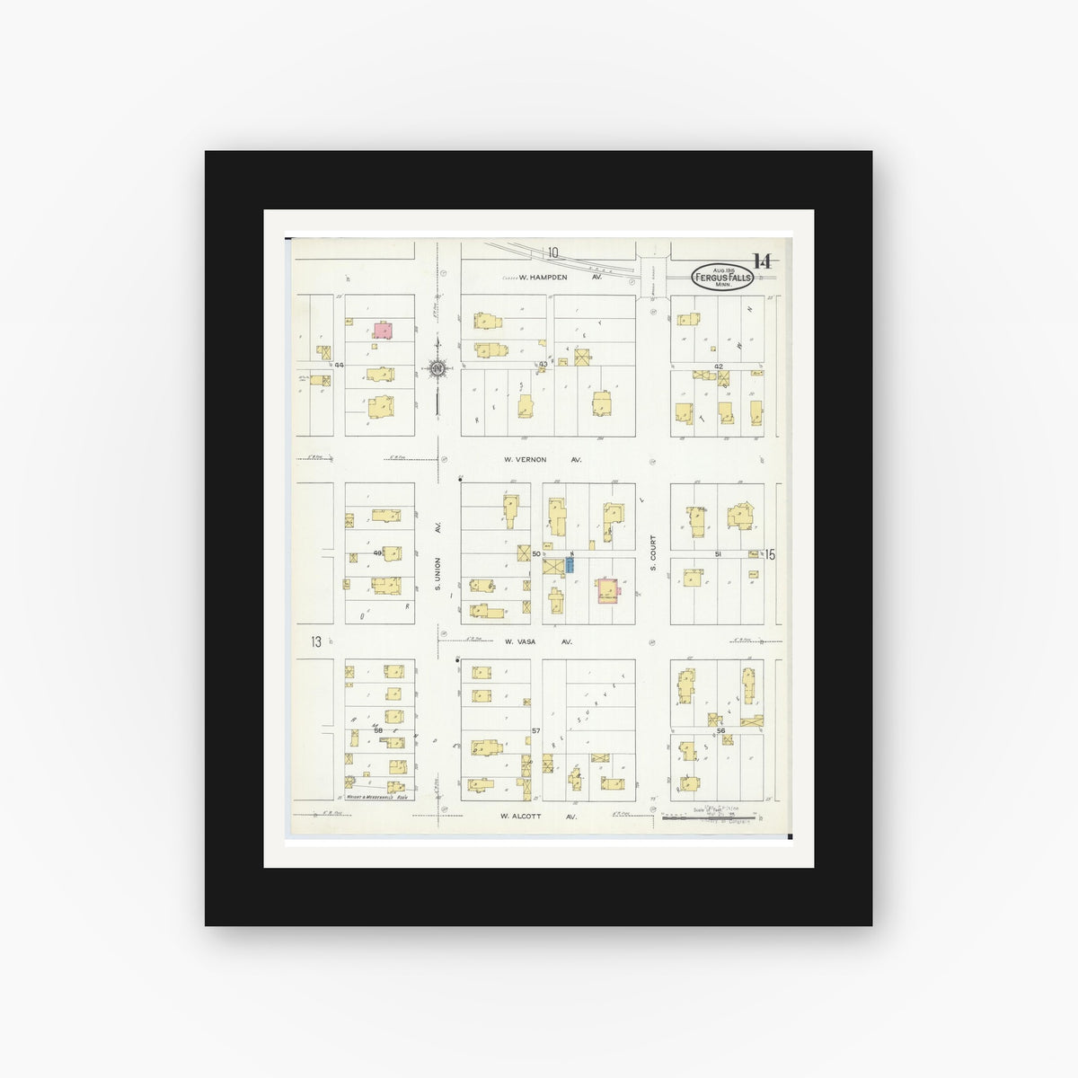 Old map wall art mockup — black gallery frame with white mat — Sanborn Fire Insurance Map from Fergus Falls, Otter Tail County, Minnesota (1915), Sheet #0014