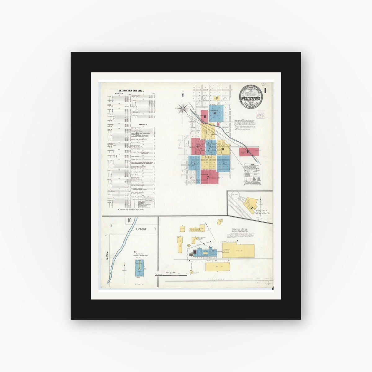 Old map wall art mockup — black gallery frame with white mat — Sanborn Fire Insurance Map from Weatherford, Parker County, Texas (1905) - Complete Map Set