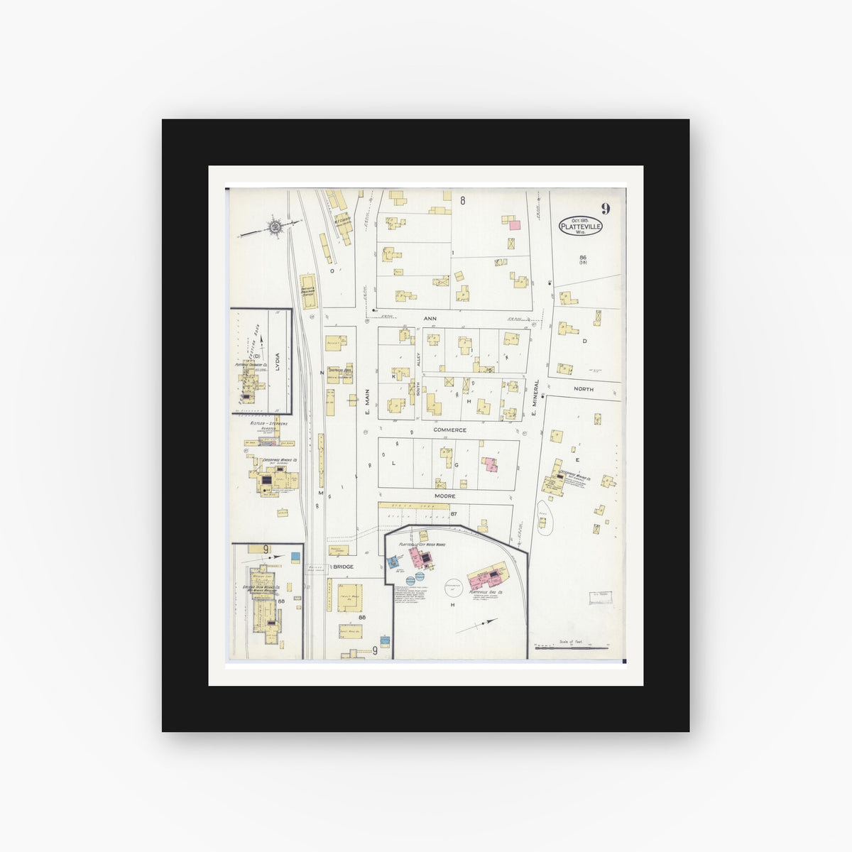Old map wall art mockup — black gallery frame with white mat — Sanborn Fire Insurance Map from Platteville, Grant County, Wisconsin (1915), Sheet #0009