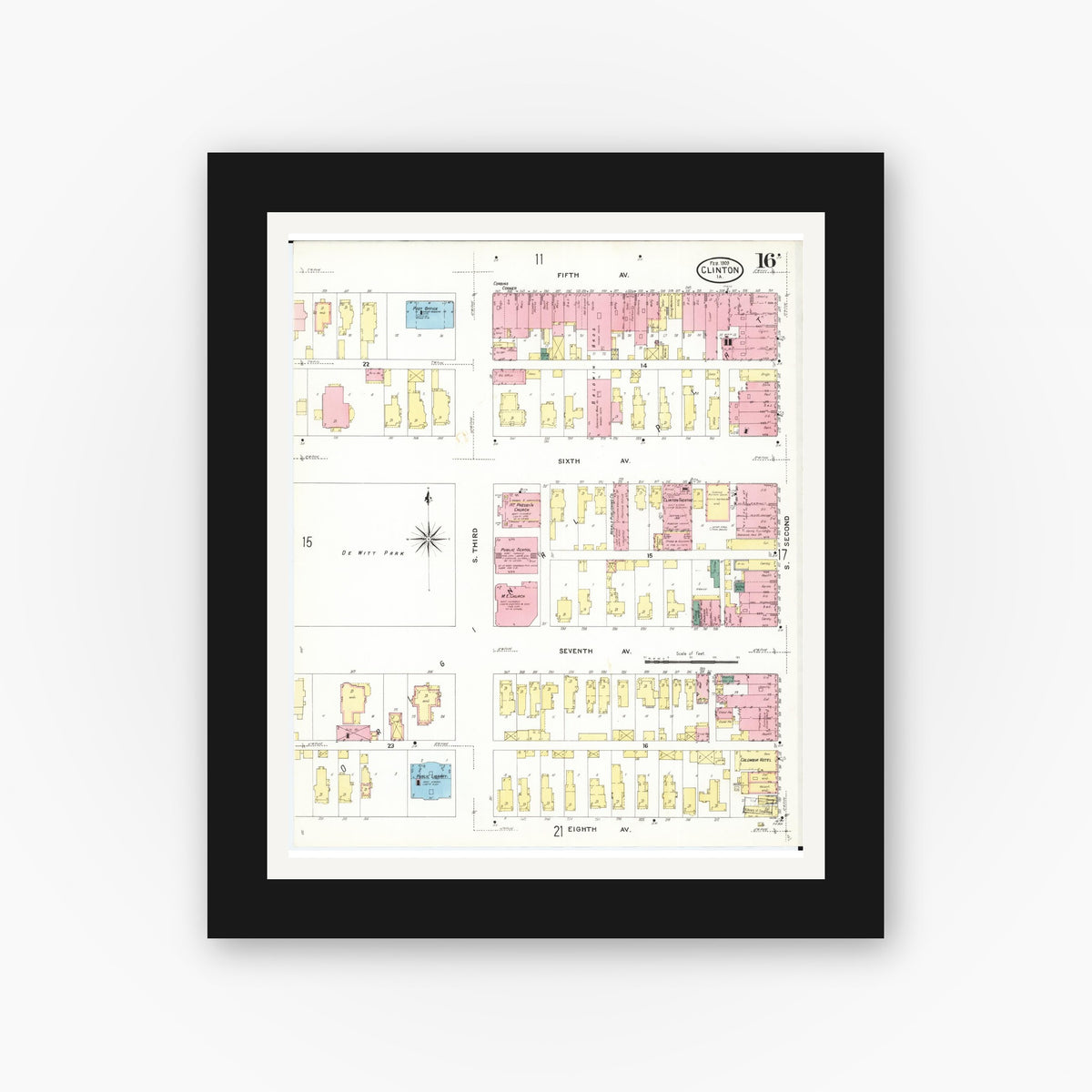 Old map wall art mockup — black gallery frame with white mat — Sanborn Fire Insurance Map from Clinton, Clinton County, Iowa (1909), Sheet #0016