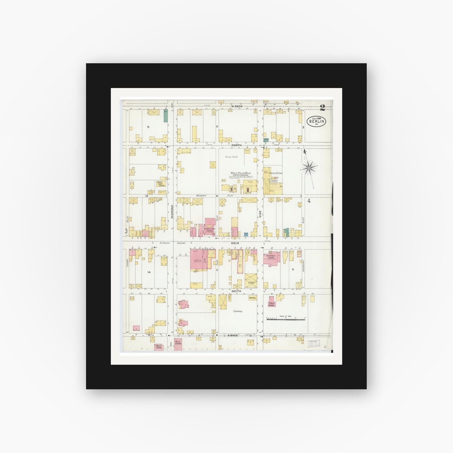 Old map wall art mockup — black gallery frame with white mat — Sanborn Fire Insurance Map from Berlin, Somerset County, Pennsylvania (1905), Sheet #0002