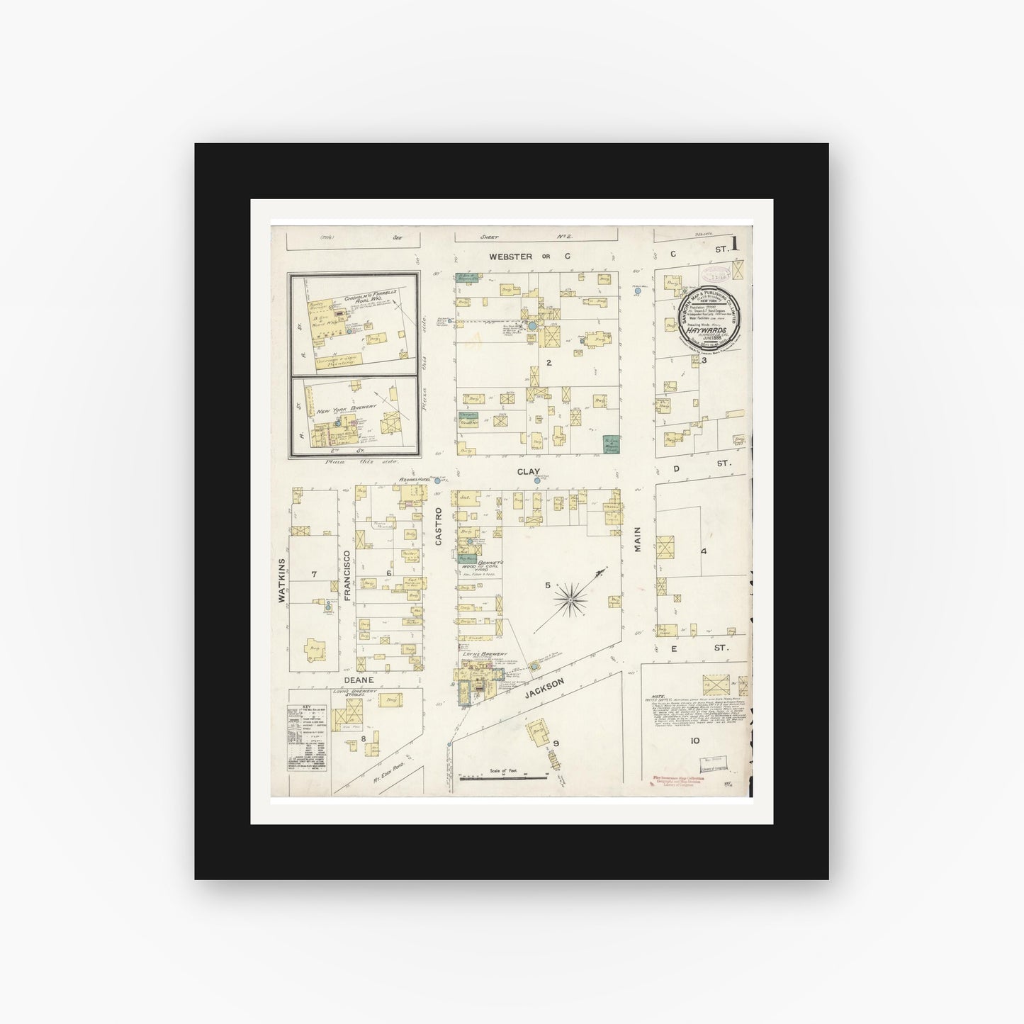 Old map wall art mockup — black gallery frame with white mat — Sanborn Fire Insurance Map from Hayward, Alameda County, California (1888) - Complete Map Set