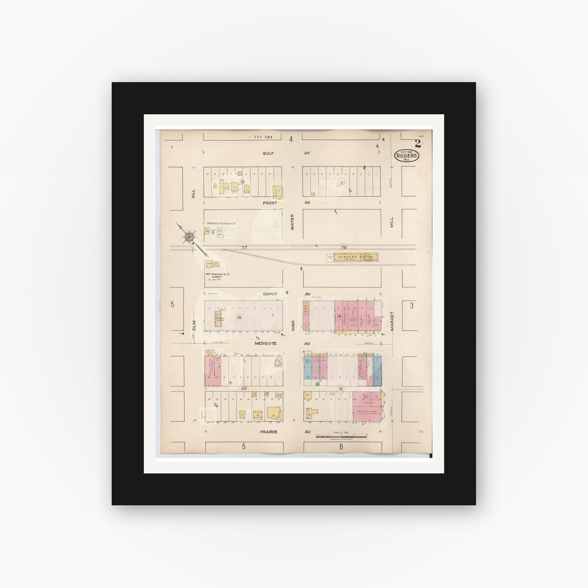 Old map wall art mockup — black gallery frame with white mat — Sanborn Fire Insurance Map from Rogers, Bell County, Texas (1944), Sheet #0002