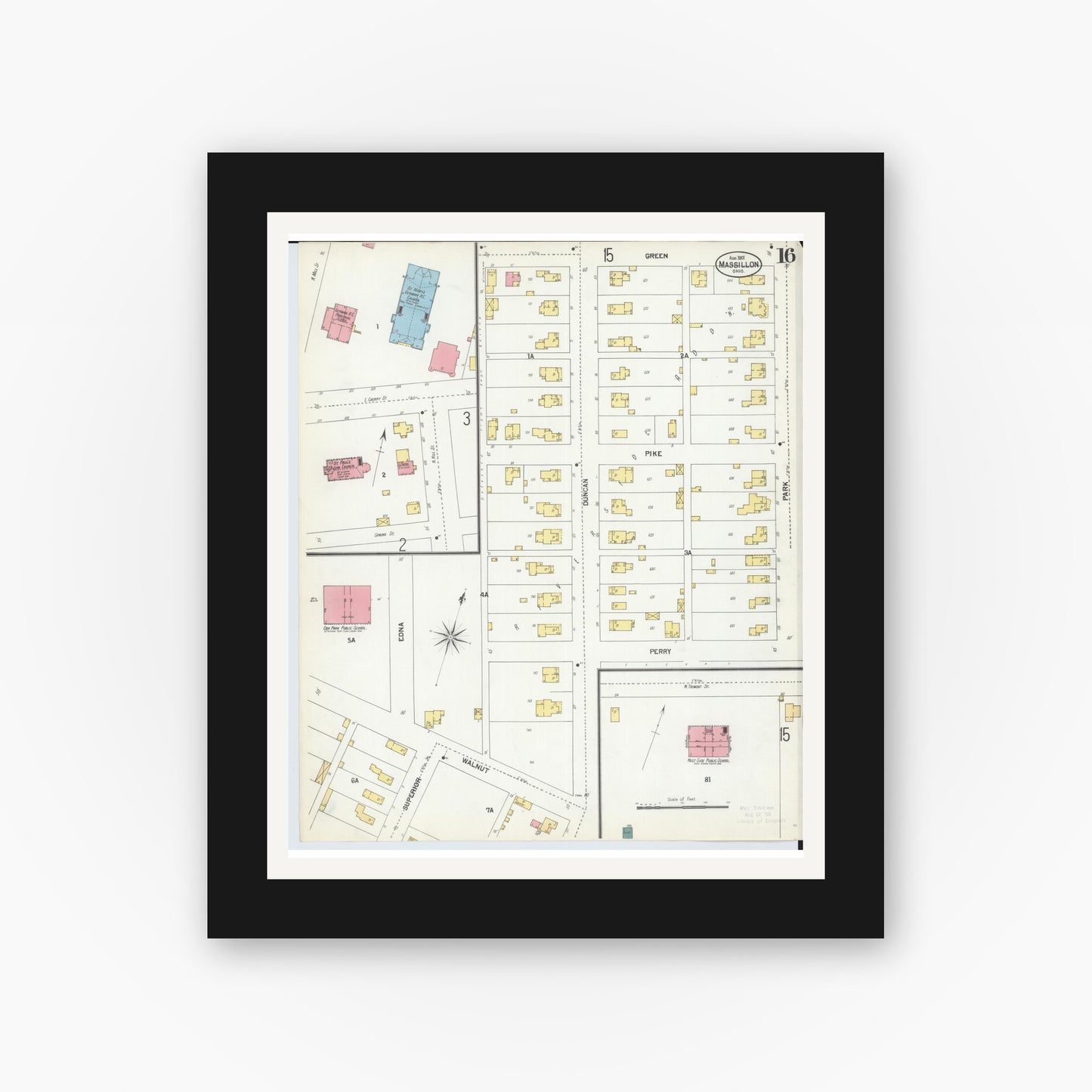 Old map wall art mockup — black gallery frame with white mat — Sanborn Fire Insurance Map from Massillon, Stark County, Ohio (1901), Sheet #0016