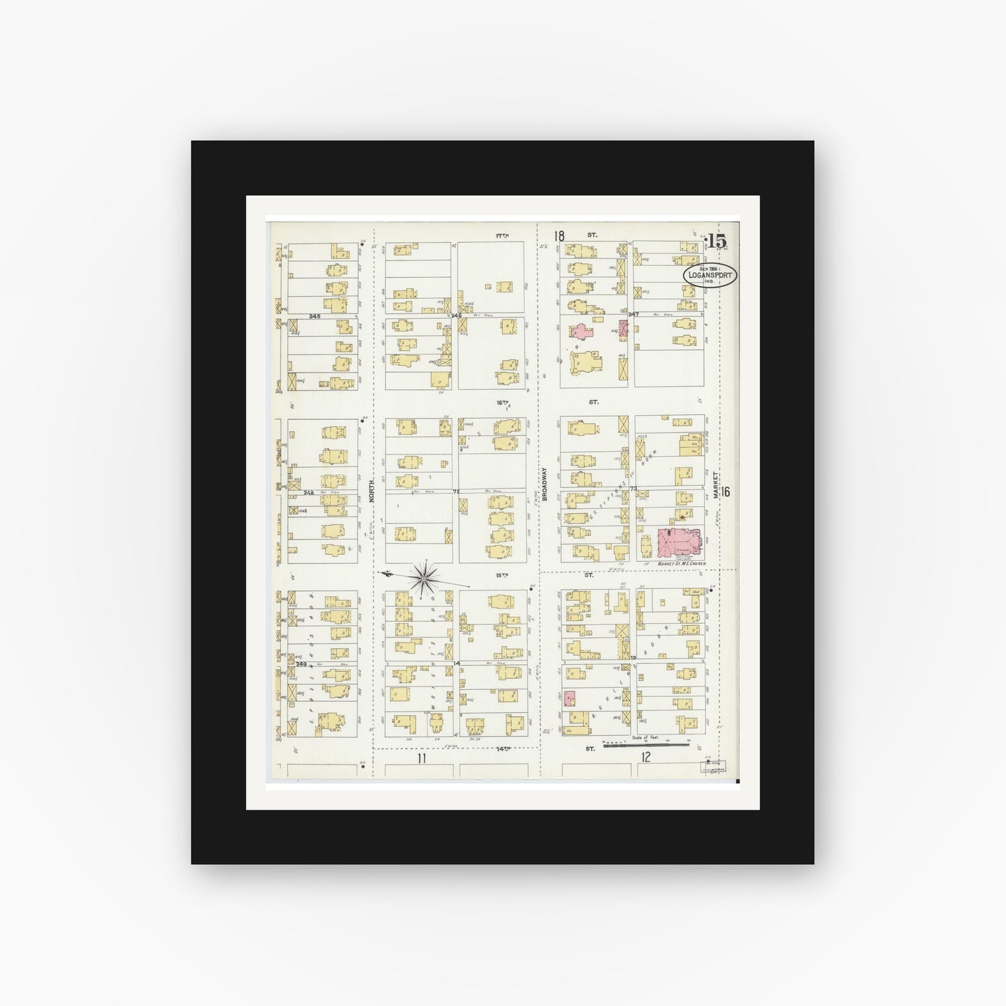 Old map wall art mockup — black gallery frame with white mat — Sanborn Fire Insurance Map from Logansport, Cass County, Indiana (1906), Sheet #0015