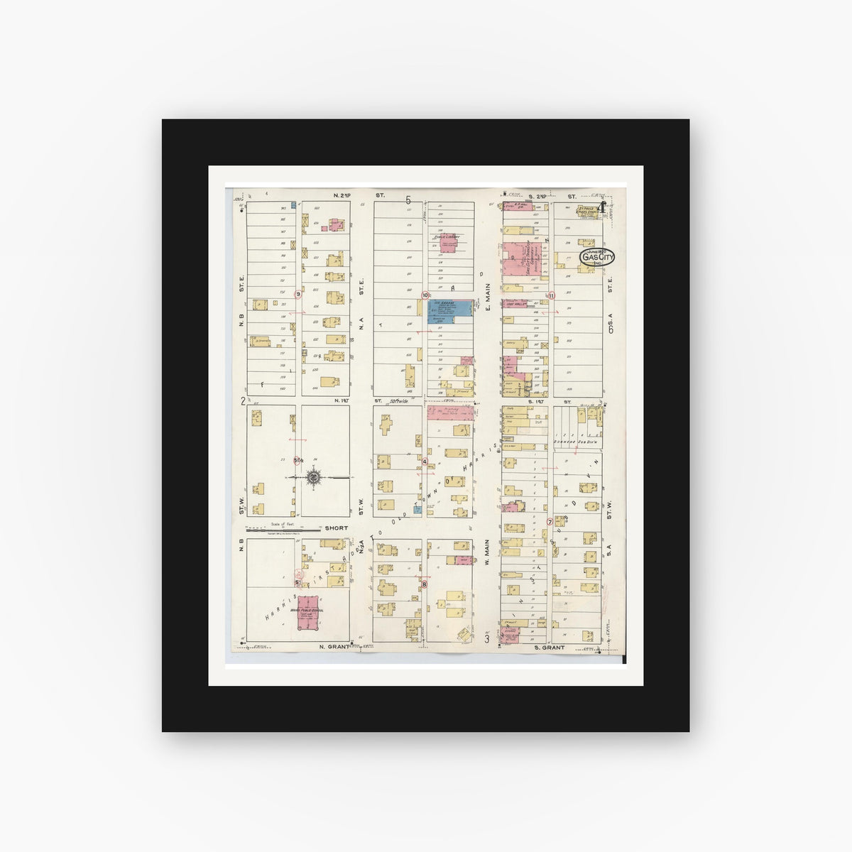 Old map wall art mockup — black gallery frame with white mat — Sanborn Fire Insurance Map from Gas City, Grant County, Indiana (1932), Sheet #0004