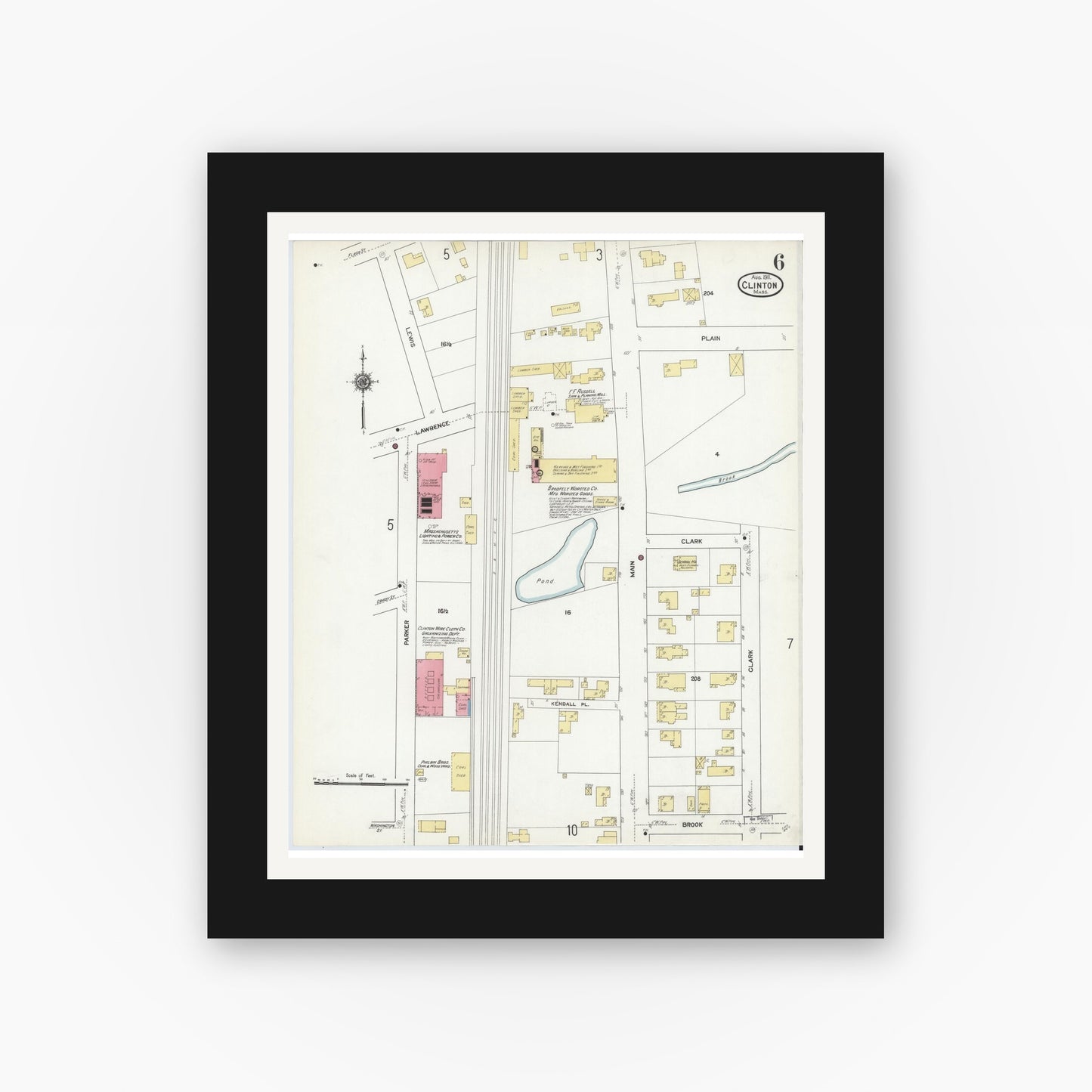 Old map wall art mockup — black gallery frame with white mat — Sanborn Fire Insurance Map from Clinton, Worcester County, Massachusetts (1911), Sheet #0006