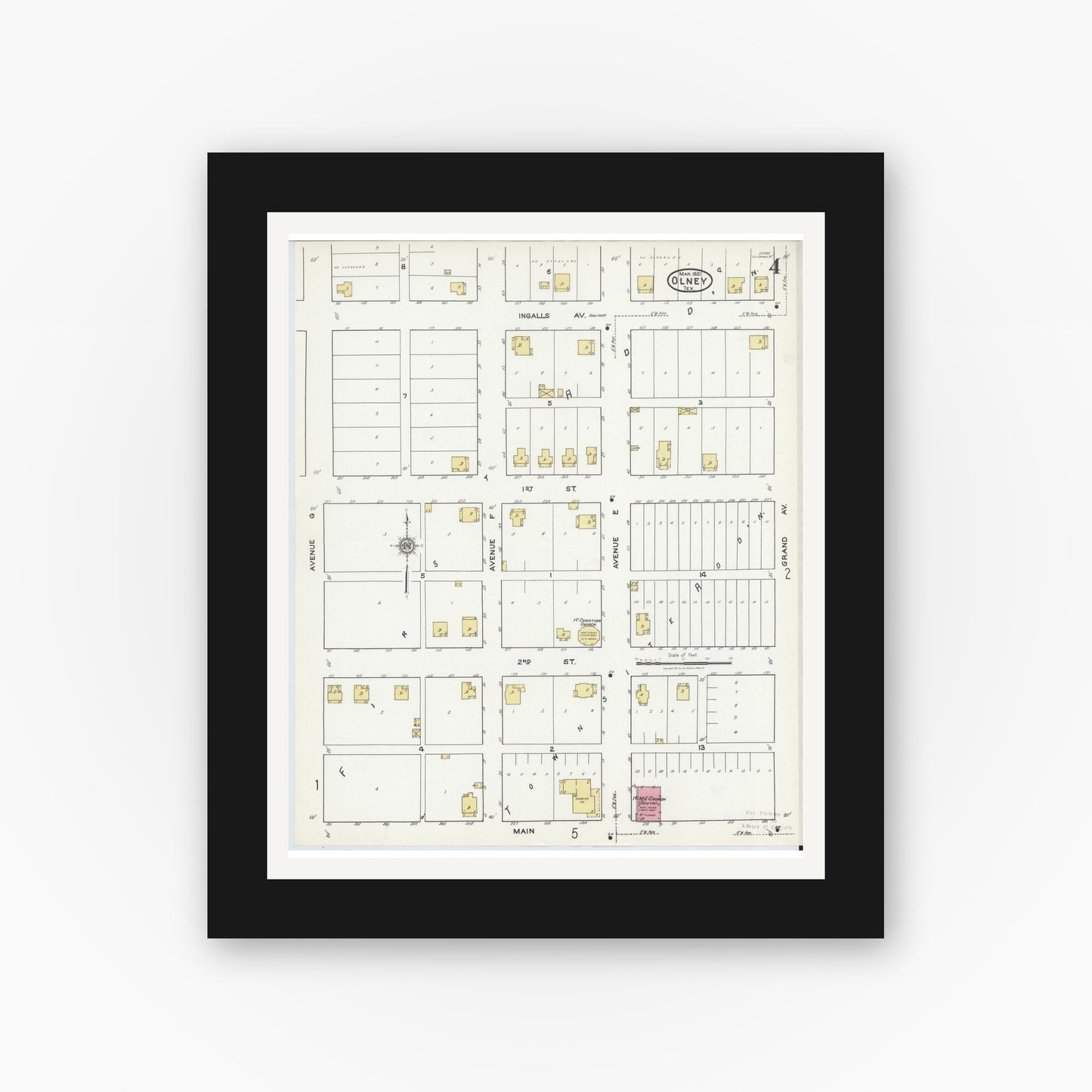 Old map wall art mockup — black gallery frame with white mat — Sanborn Fire Insurance Map from Olney, Young County, Texas (1921), Sheet #0004
