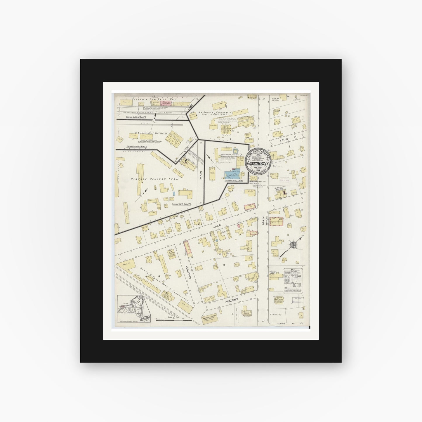 Old map wall art mockup — black gallery frame with white mat — Sanborn Fire Insurance Map from Ransomville, Niagara County, New York (1914), Sheet #0001