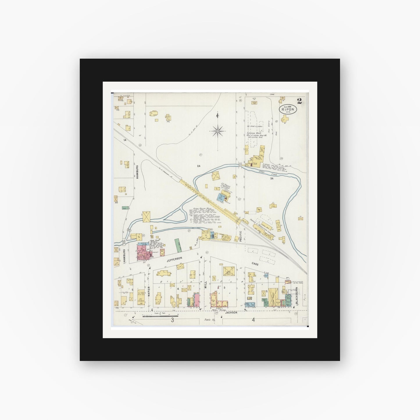Old map wall art mockup — black gallery frame with white mat — Sanborn Fire Insurance Map from Ripon, Fond du Lac County, Wisconsin (1898), Sheet #0002