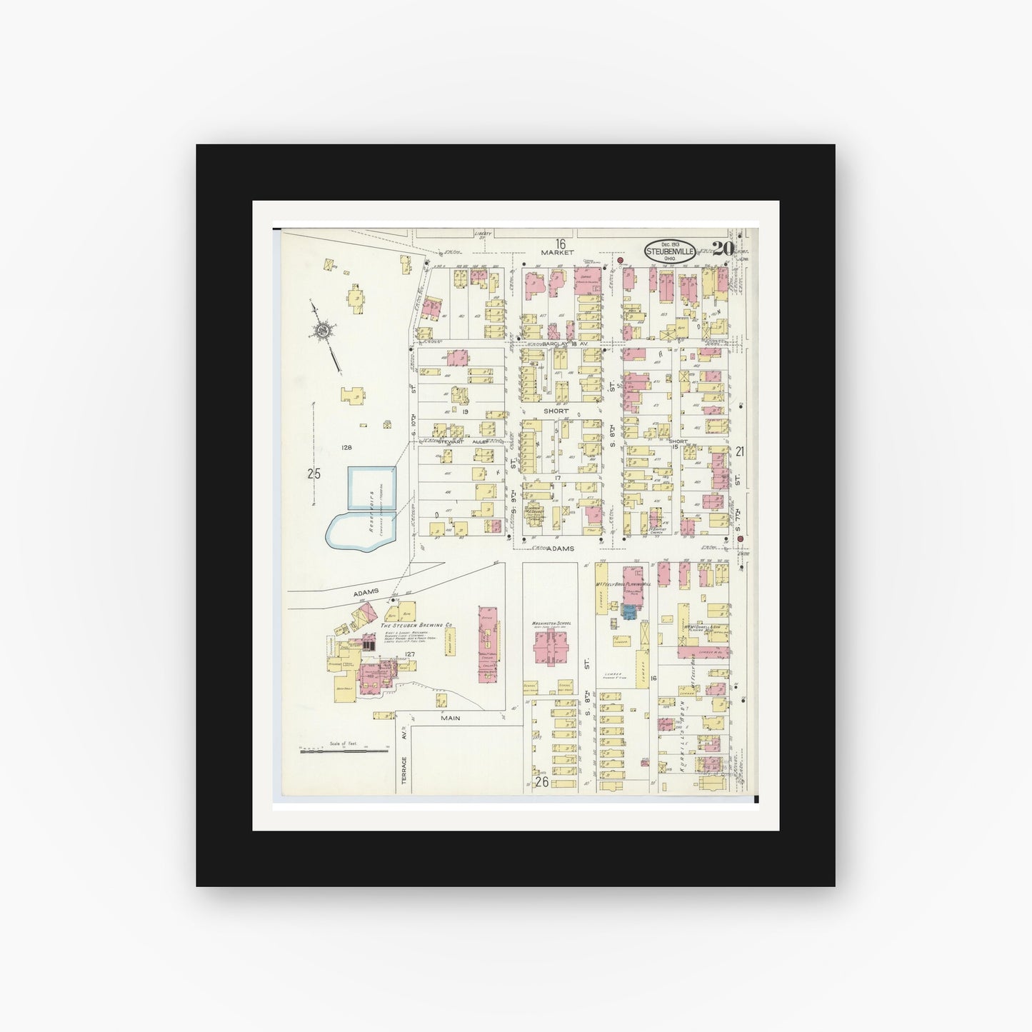 Old map wall art mockup — black gallery frame with white mat — Sanborn Fire Insurance Map from Steubenville, Jefferson County, Ohio (1913), Sheet #0020