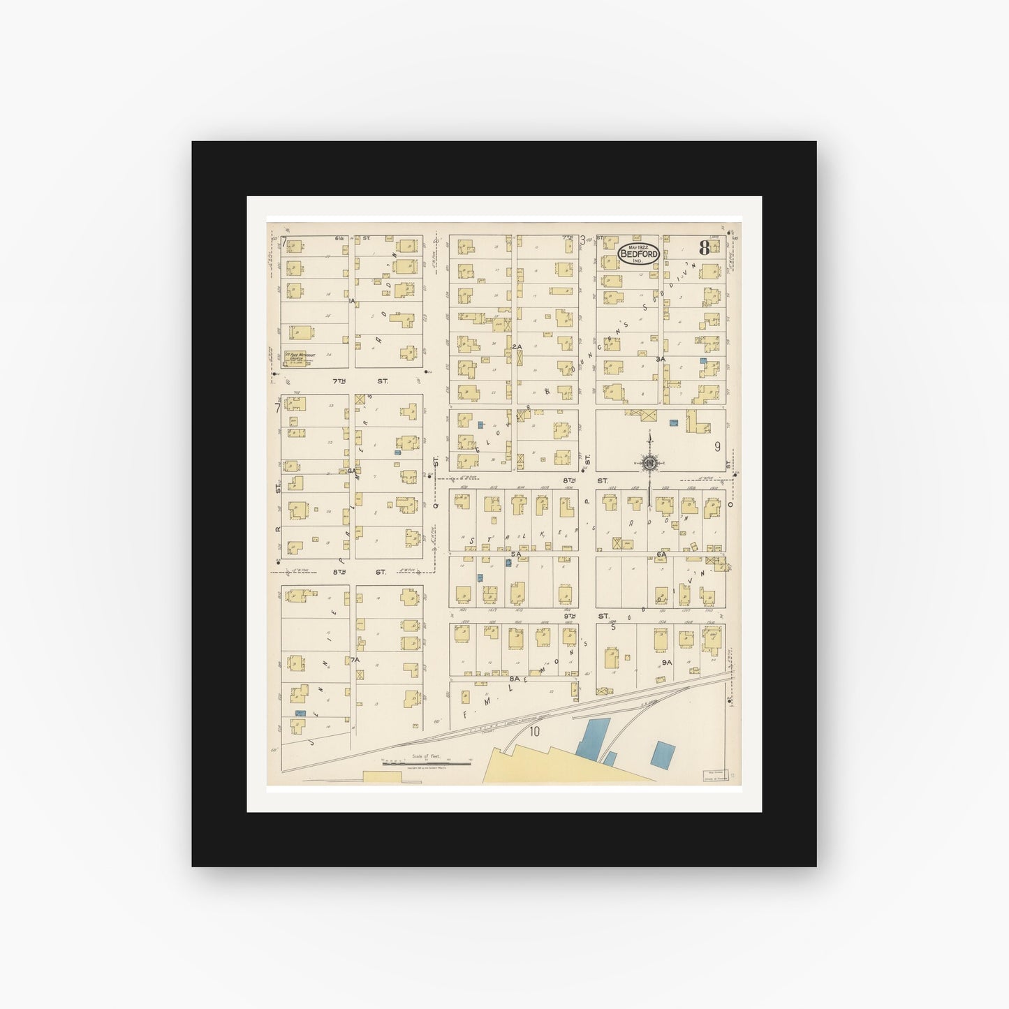 Old map wall art mockup — black gallery frame with white mat — Sanborn Fire Insurance Map from Bedford, Lawrence County, Indiana (1922), Sheet #0008