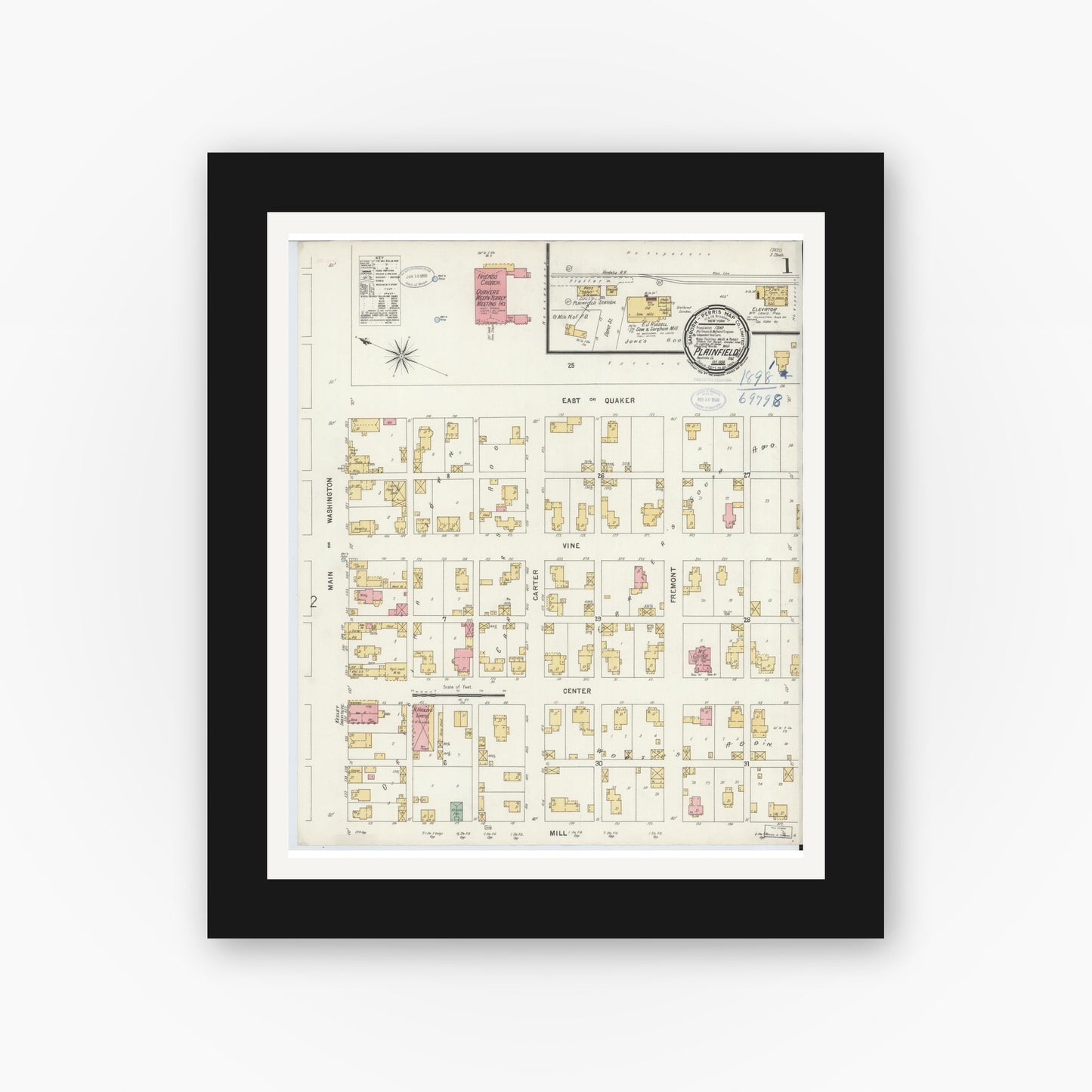 Old map wall art mockup — black gallery frame with white mat — Sanborn Fire Insurance Map from Plainfield, Hendricks County, Indiana (1898) - Complete Map Set