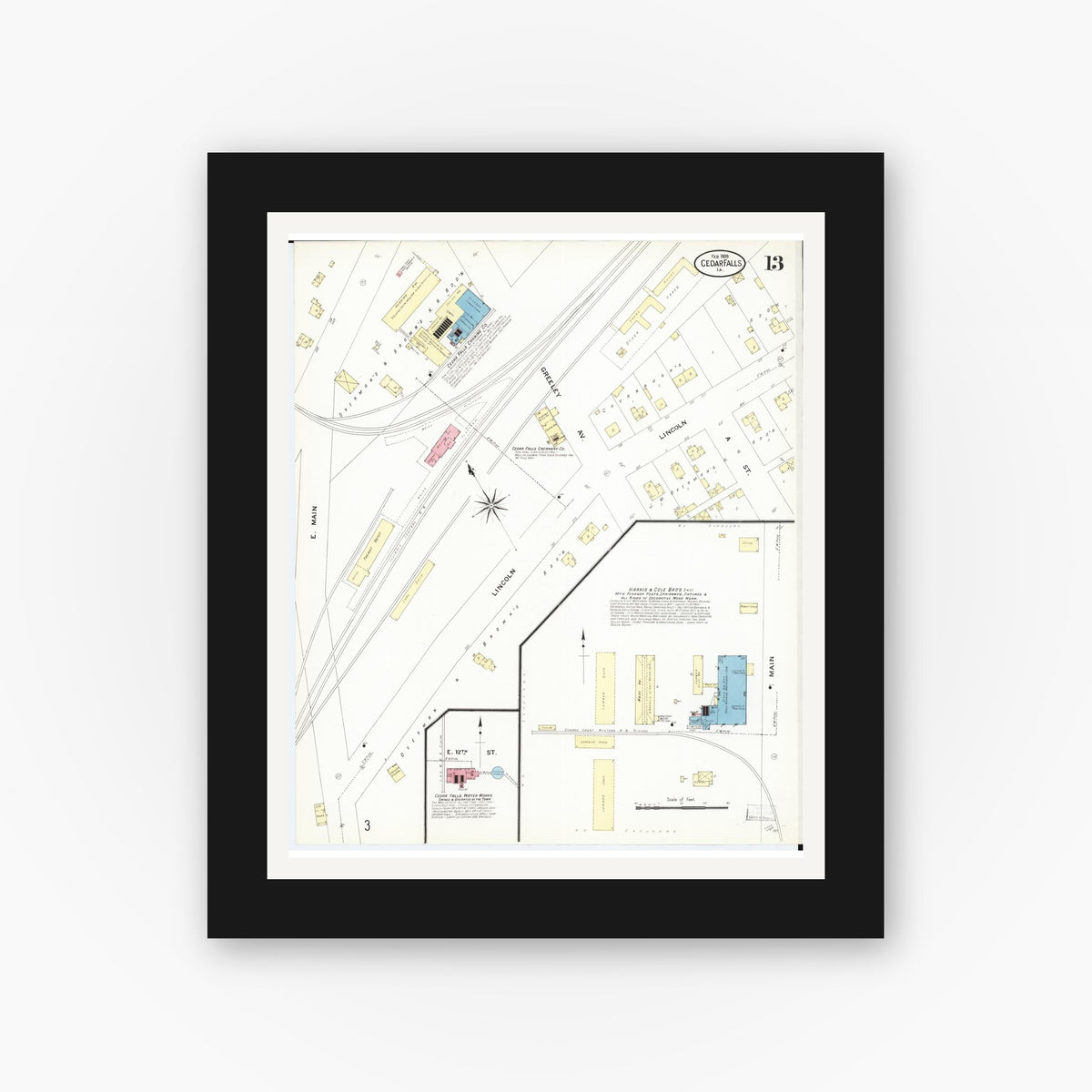 Old map wall art mockup — black gallery frame with white mat — Sanborn Fire Insurance Map from Cedar Falls, Black Hawk County, Iowa (1909), Sheet #0013