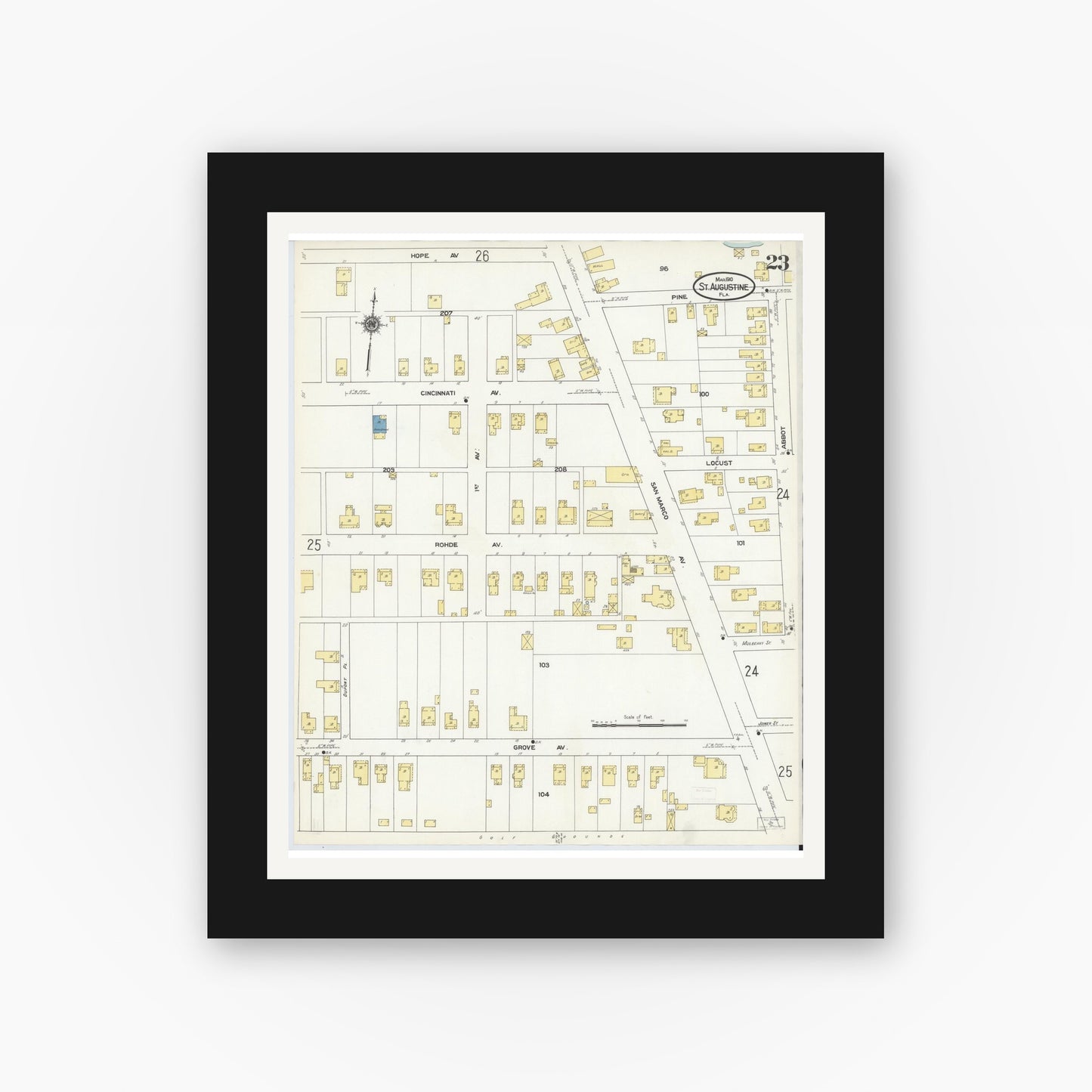 Old map wall art mockup — black gallery frame with white mat — Sanborn Fire Insurance Map from Saint Augustine, Saint John's County, Florida (1910), Sheet #0023