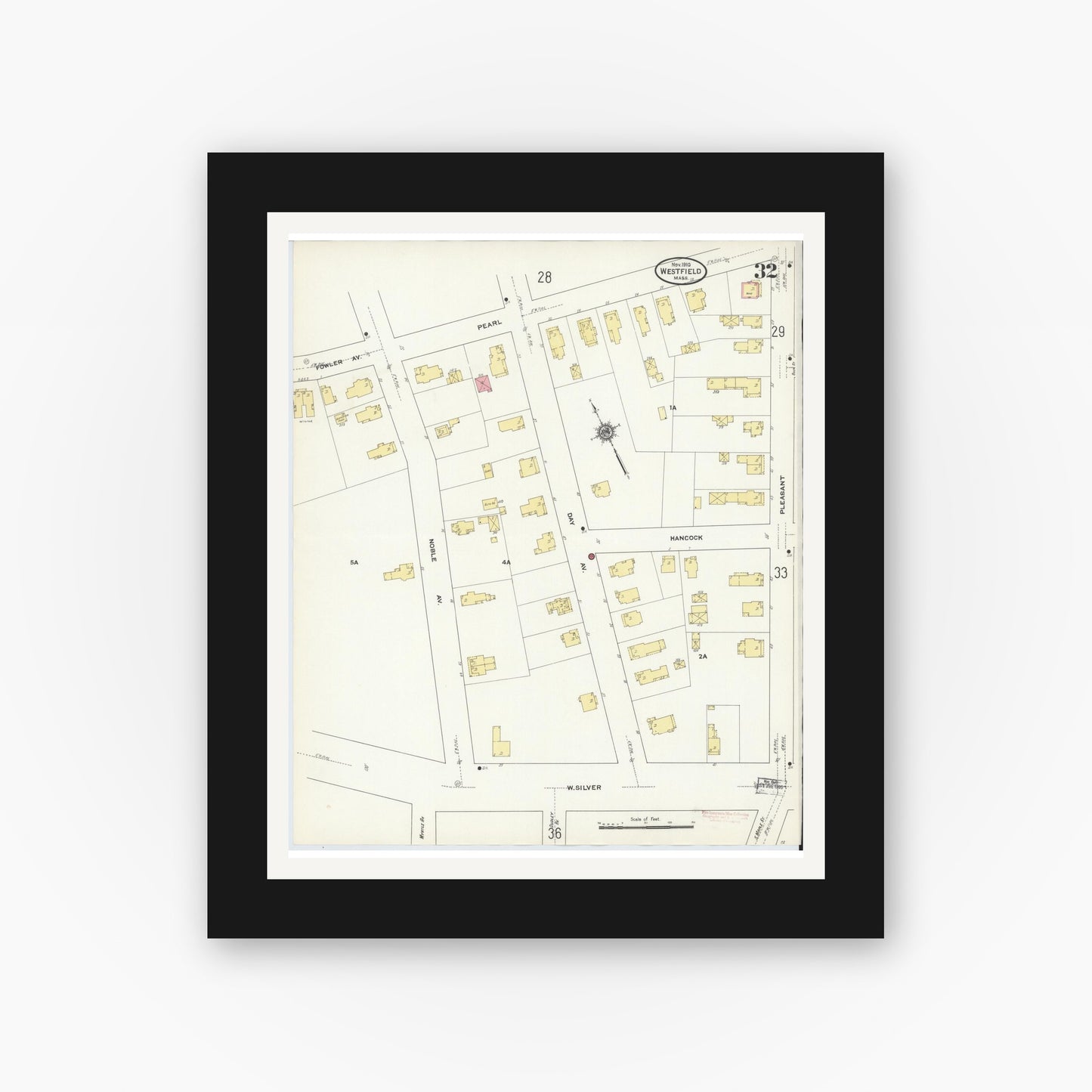 Old map wall art mockup — black gallery frame with white mat — Sanborn Fire Insurance Map from Westfield, Hampden County, Massachusetts (1910), Sheet #0032