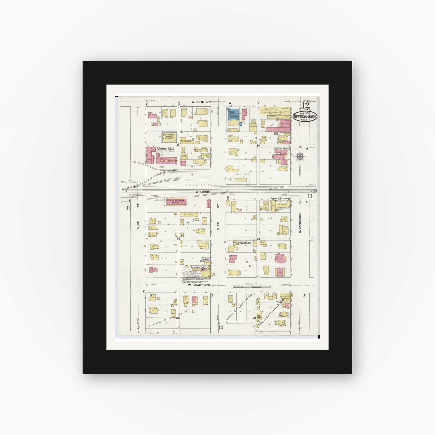 Old map wall art mockup — black gallery frame with white mat — Sanborn Fire Insurance Map from Upper Sandusky, Wyandot County, Ohio (1921), Sheet #0012