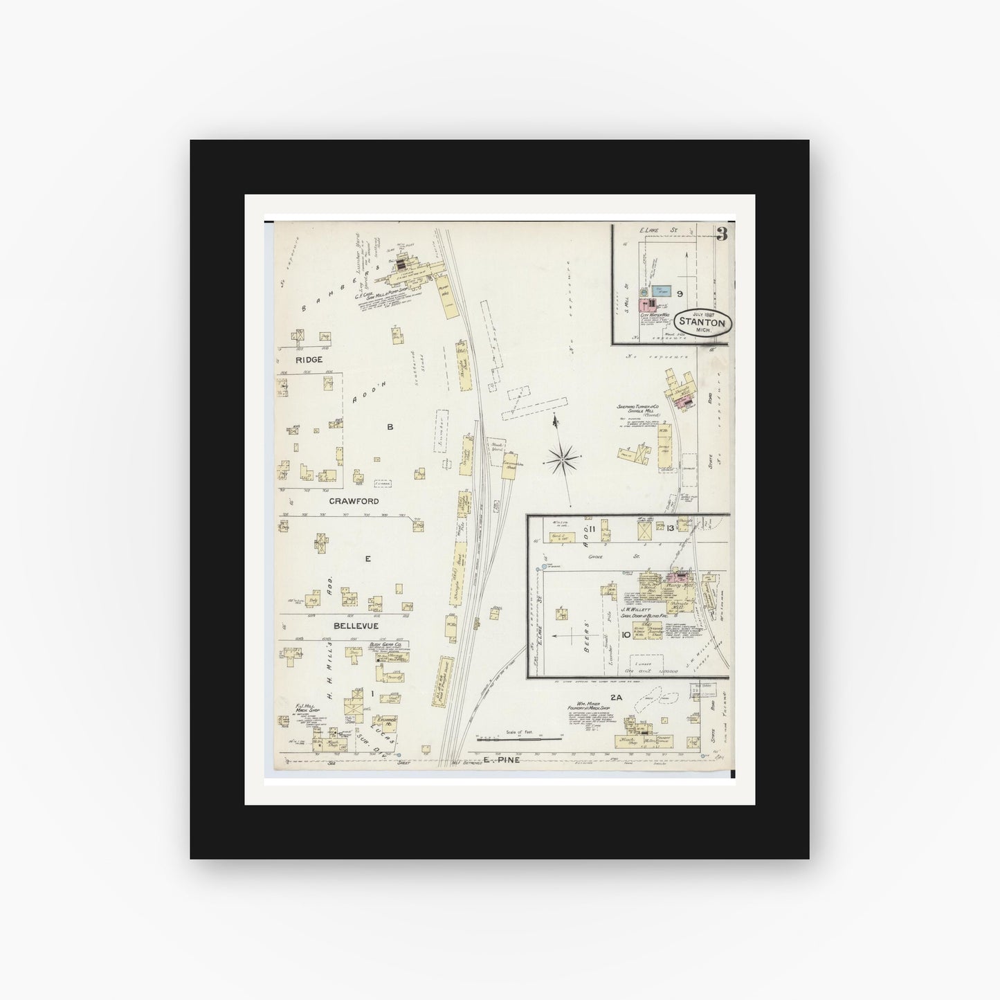 Old map wall art mockup — black gallery frame with white mat — Sanborn Fire Insurance Map from Stanton, Montcalm County, Michigan (1887), Sheet #0003
