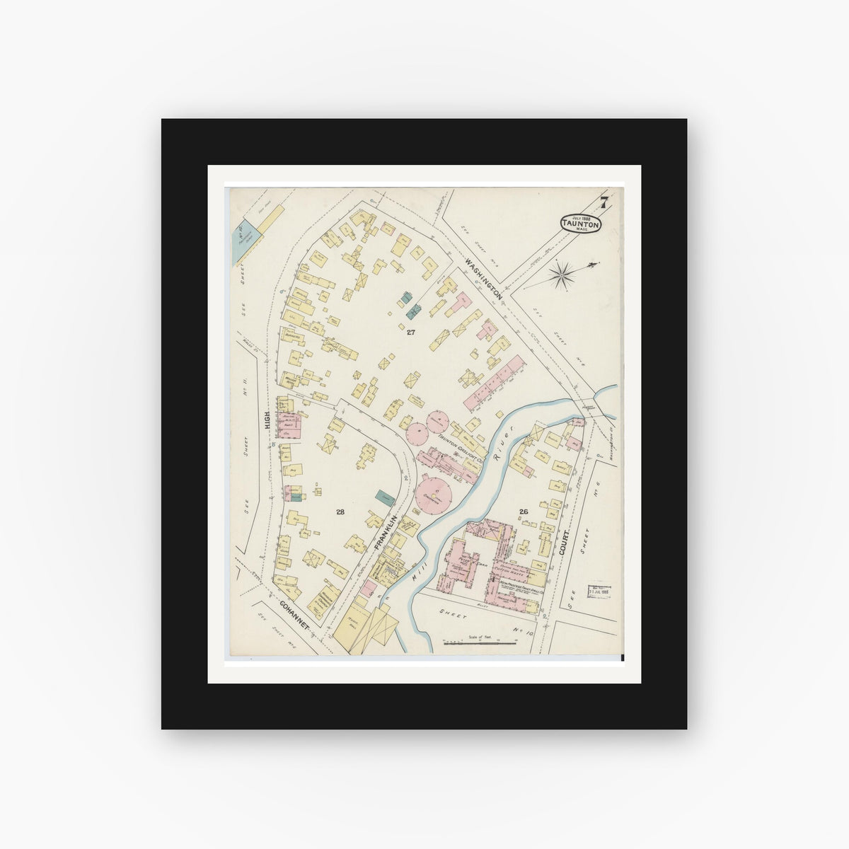 Old map wall art mockup — black gallery frame with white mat — Sanborn Fire Insurance Map from Taunton, Bristol County, Massachusetts (1888), Sheet #0007