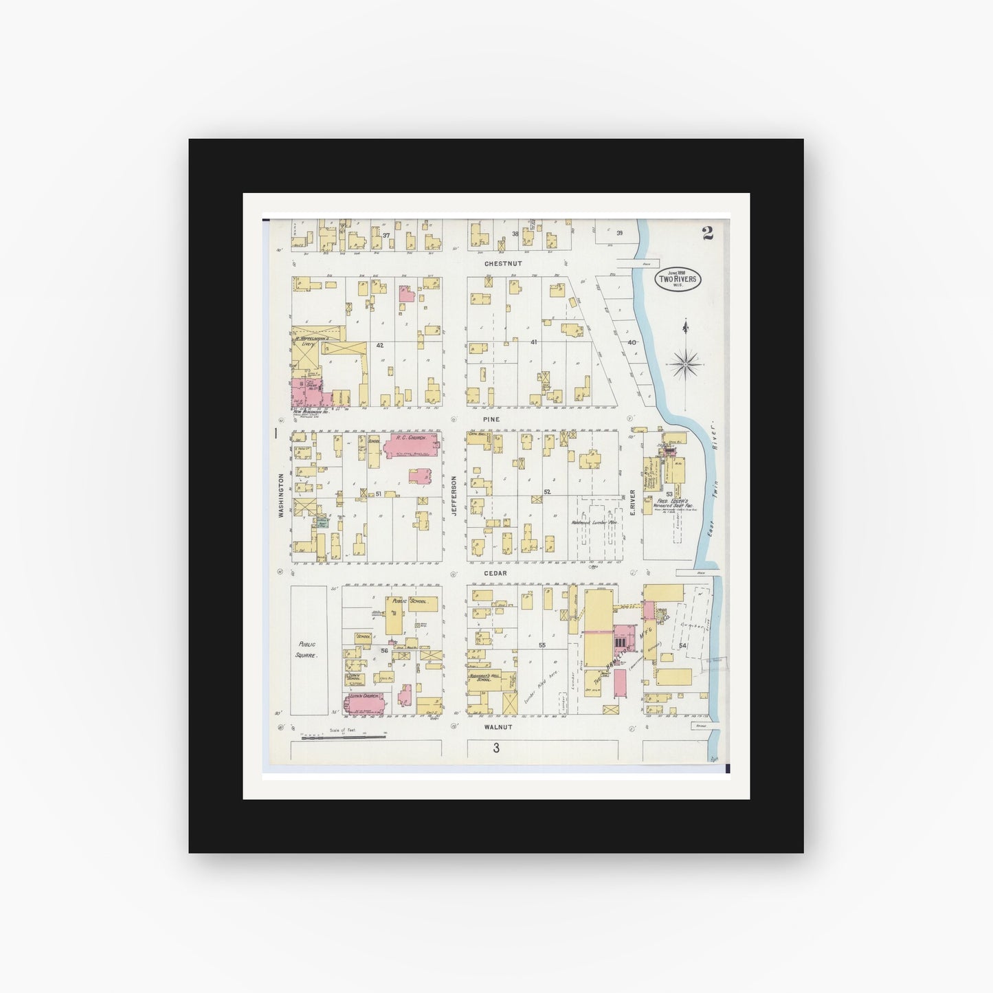 Old map wall art mockup — black gallery frame with white mat — Sanborn Fire Insurance Map from Two Rivers, Manitowoc County, Wisconsin (1898), Sheet #0002