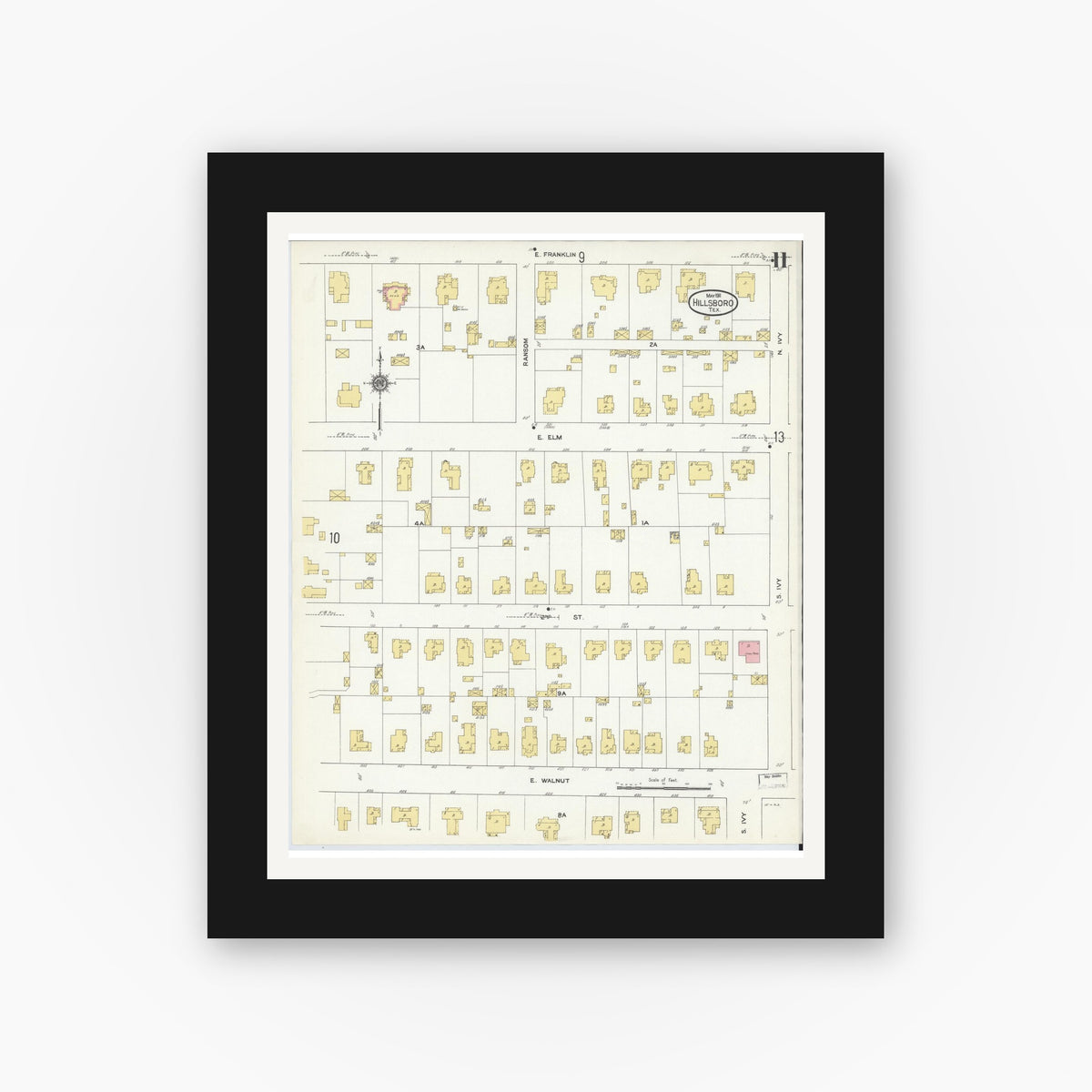 Old map wall art mockup — black gallery frame with white mat — Sanborn Fire Insurance Map from Hillsboro, Hill County, Texas (1911), Sheet #0011