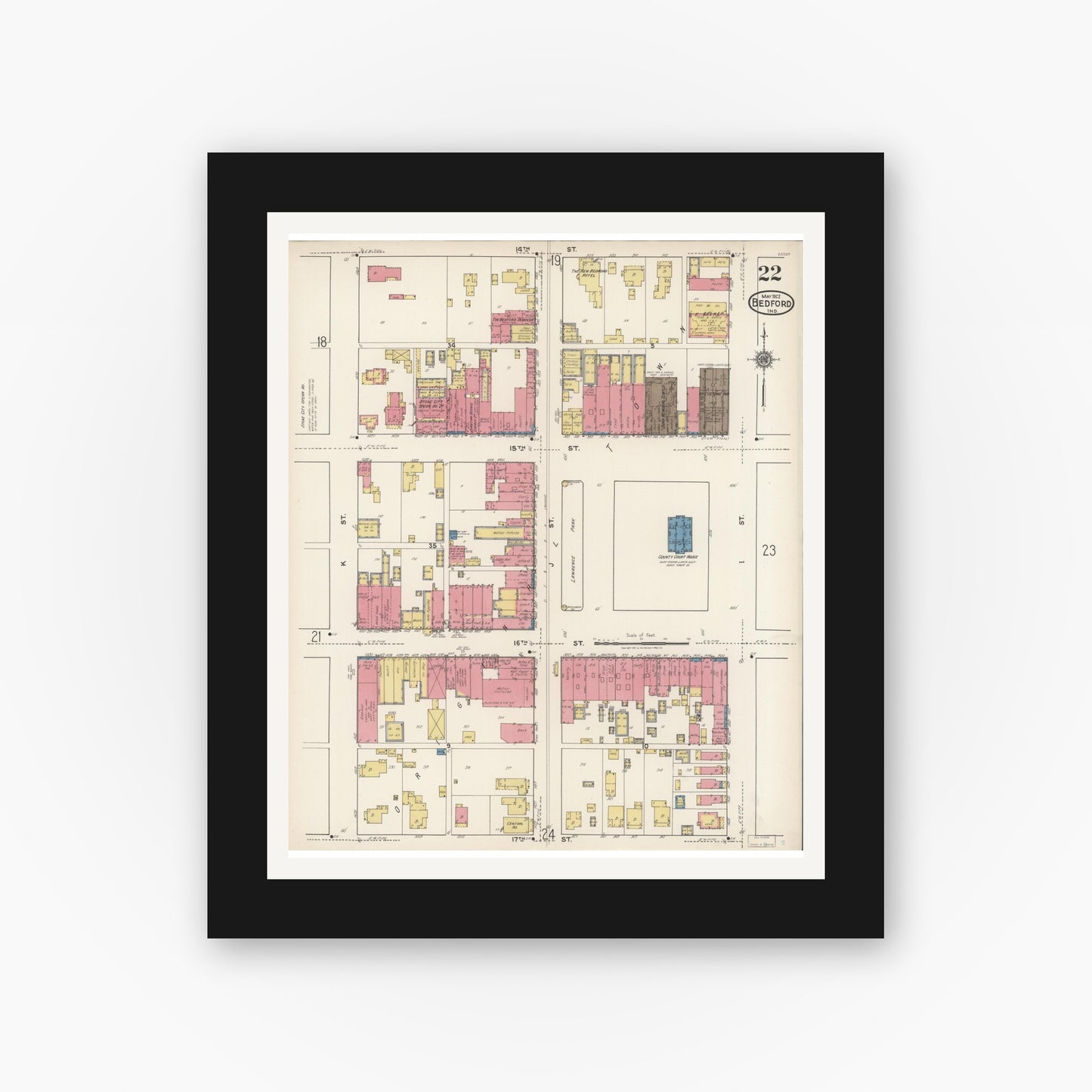 Old map wall art mockup — black gallery frame with white mat — Sanborn Fire Insurance Map from Bedford, Lawrence County, Indiana (1922), Sheet #0022