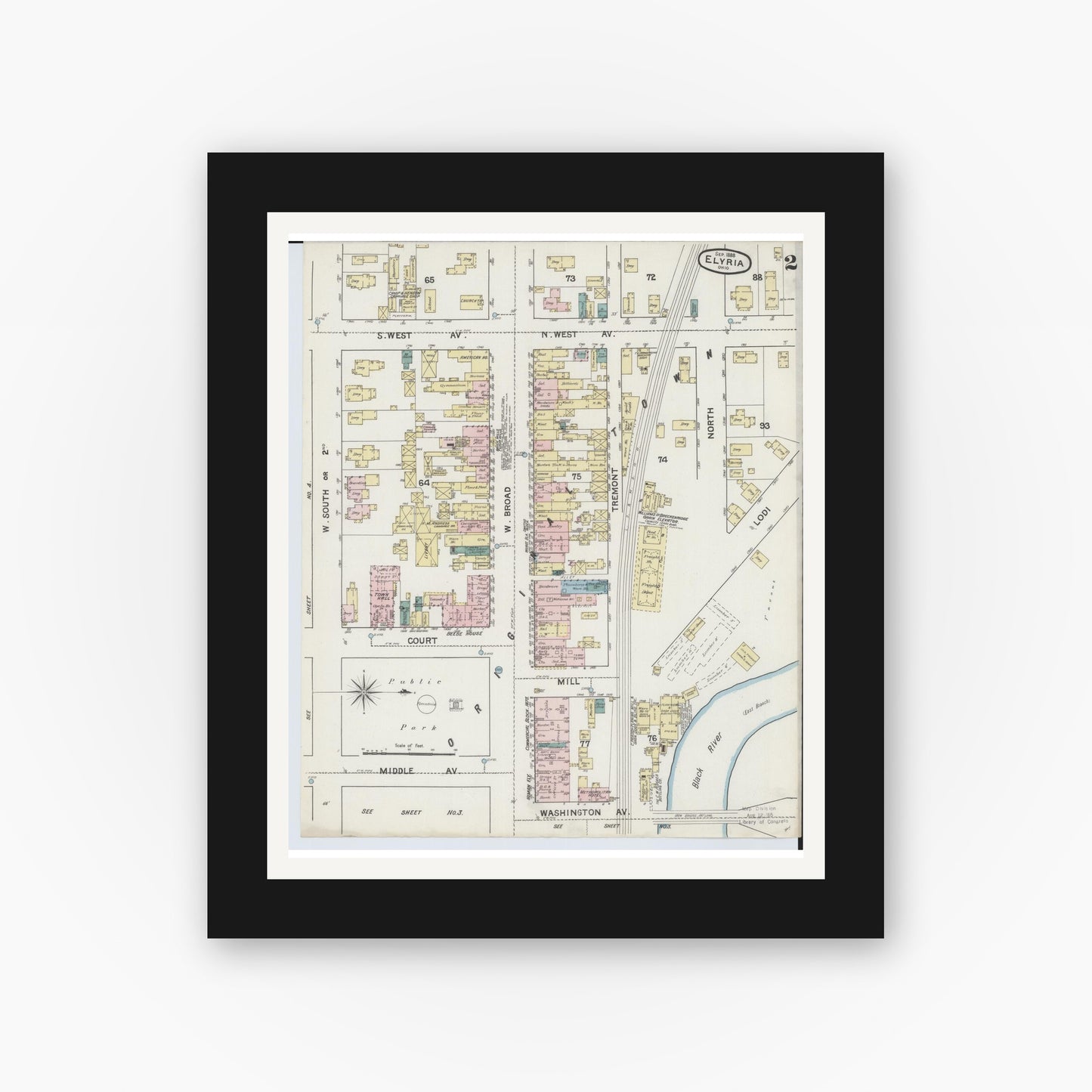 Old map wall art mockup — black gallery frame with white mat — Sanborn Fire Insurance Map from Elyria, Lorain County, Ohio (1888), Sheet #0002