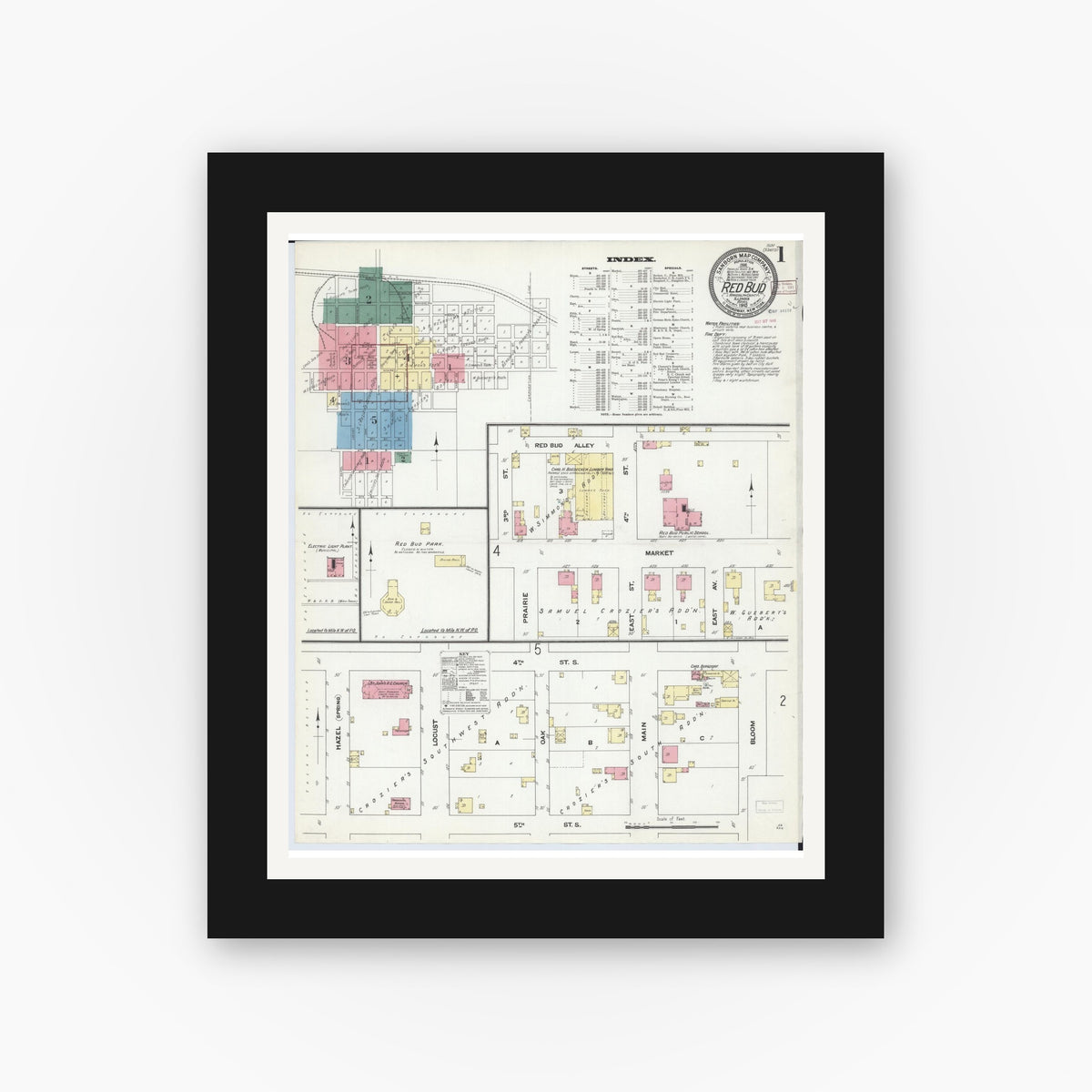 Old map wall art mockup — black gallery frame with white mat — Sanborn Fire Insurance Map from Red Bud, Randolph County, Illinois (1910), Sheet #0001