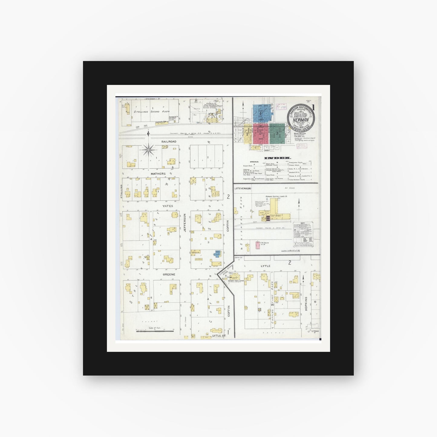 Old map wall art mockup — black gallery frame with white mat — Sanborn Fire Insurance Map from Newman, Douglas County, Illinois (1909) - Complete Map Set