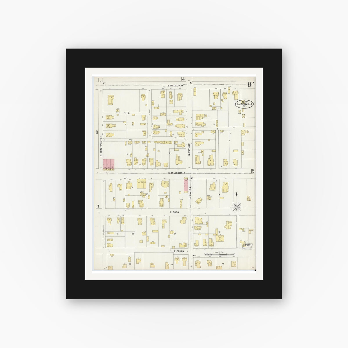 Old map wall art mockup — black gallery frame with white mat — Sanborn Fire Insurance Map from Gainesville, Cooke County, Texas (1897), Sheet #0009