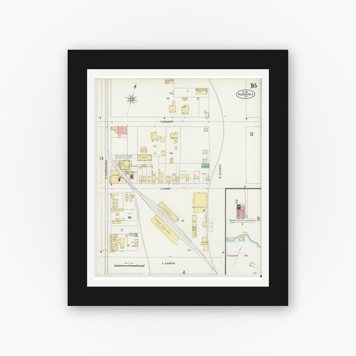 Old map wall art mockup — black gallery frame with white mat — Sanborn Fire Insurance Map from Pensacola, Escambia County, Florida (1897), Sheet #0016