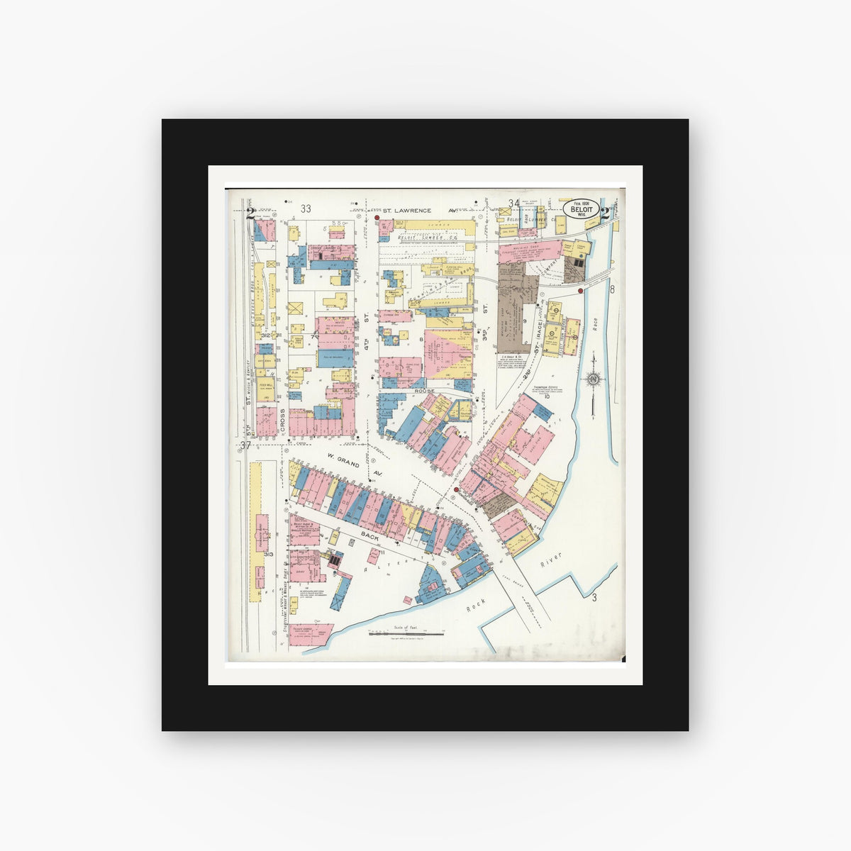 Old map wall art mockup — black gallery frame with white mat — Sanborn Fire Insurance Map from Beloit, Rock County, Wisconsin (1926), Sheet #0002