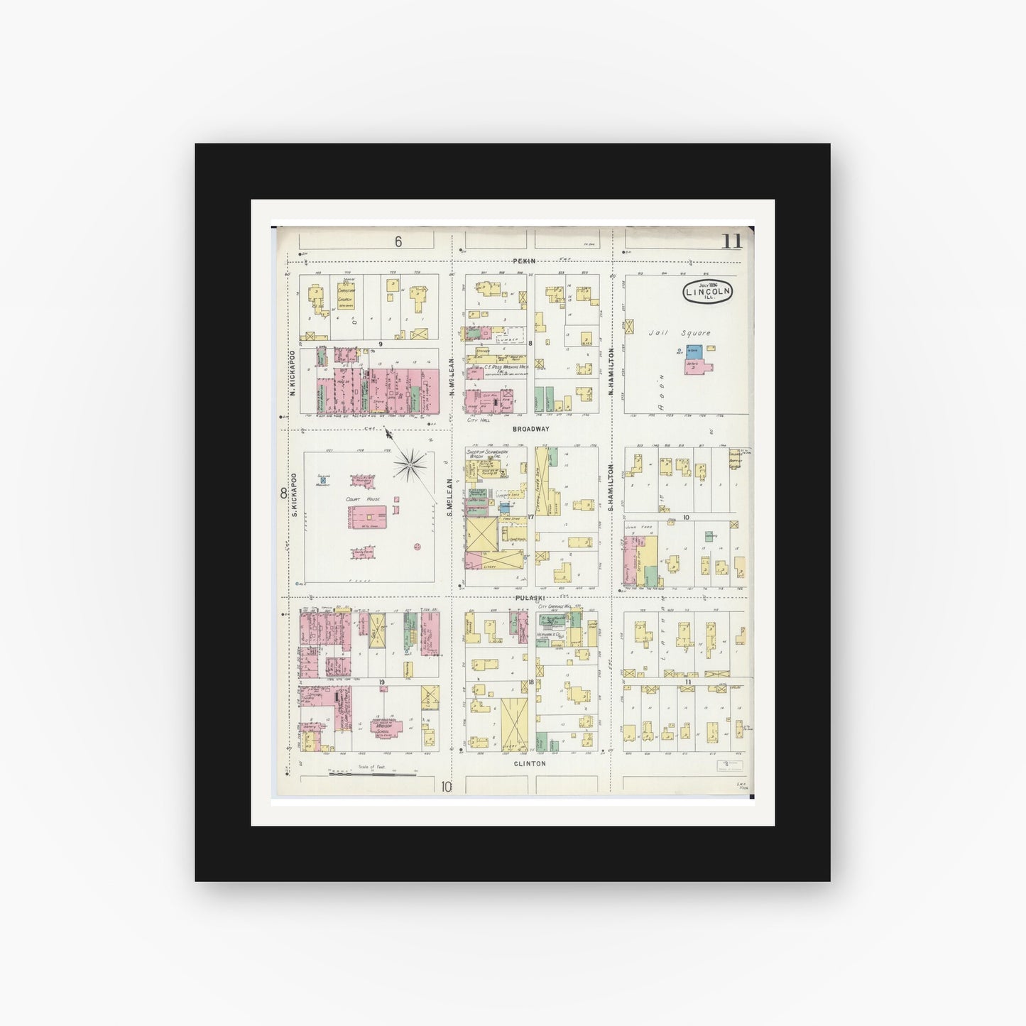Old map wall art mockup — black gallery frame with white mat — Sanborn Fire Insurance Map from Lincoln, Logan County, Illinois (1896), Sheet #0011