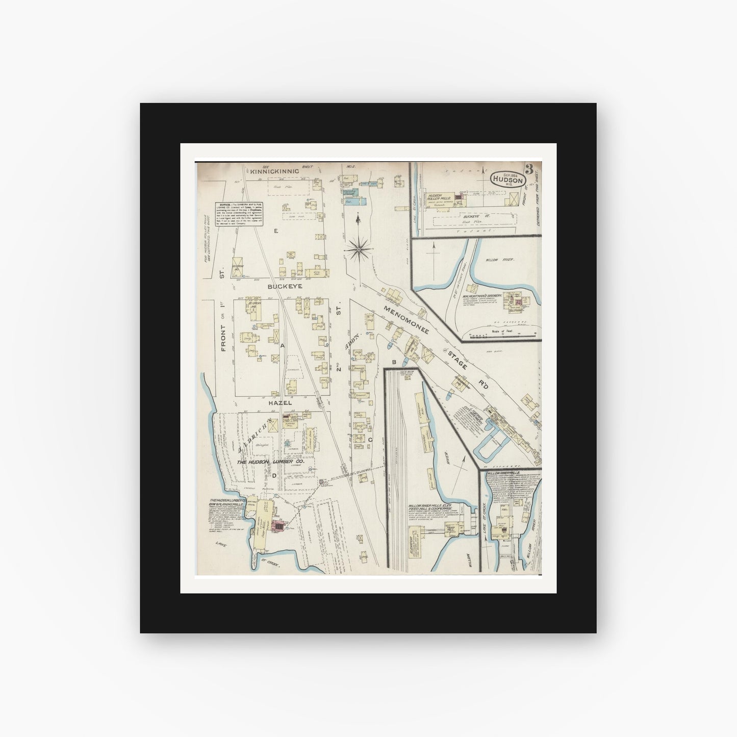 Old map wall art mockup — black gallery frame with white mat — Sanborn Fire Insurance Map from Hudson, St. Croix County, Wisconsin (1884), Sheet #0003