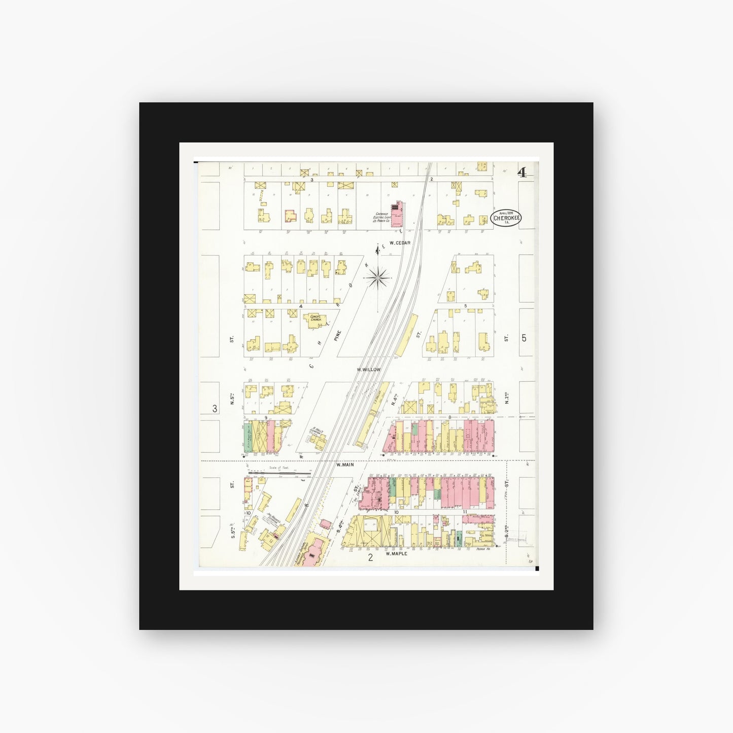 Old map wall art mockup — black gallery frame with white mat — Sanborn Fire Insurance Map from Cherokee, Cherokee County, Iowa (1899), Sheet #0004