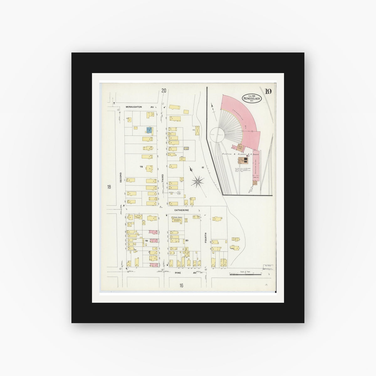 Old map wall art mockup — black gallery frame with white mat — Sanborn Fire Insurance Map from Rensselaer, Rensselaer County, New York (1909), Sheet #0019