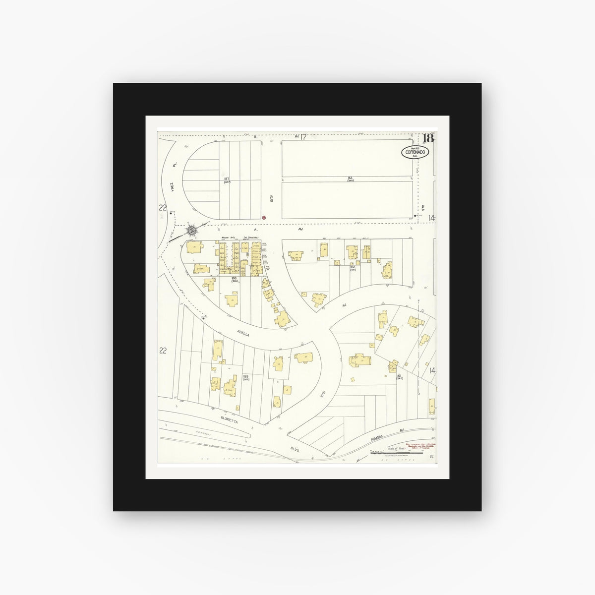 Old map wall art mockup — black gallery frame with white mat — Sanborn Fire Insurance Map from Coronado, San Diego County, California (1921), Sheet #0018