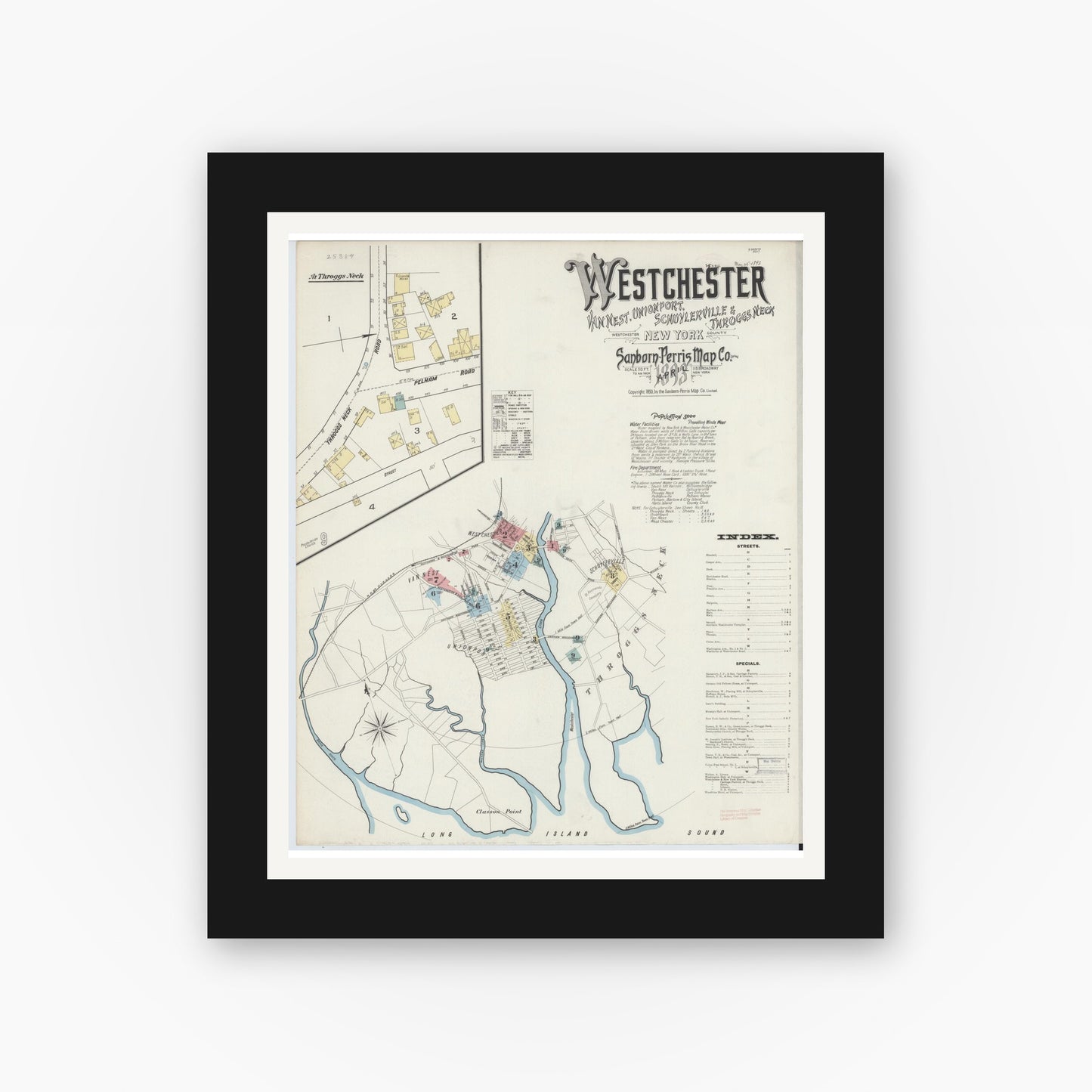 Old map wall art mockup — black gallery frame with white mat — Sanborn Fire Insurance Map from Westchester, Westchester County, New York (1893), Sheet #0001