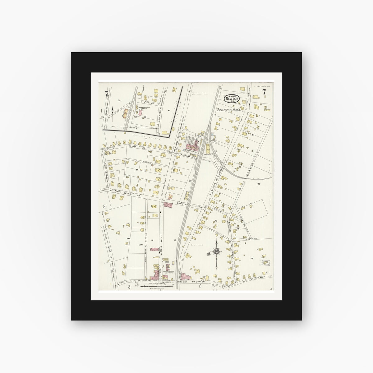 Old map wall art mockup — black gallery frame with white mat — Sanborn Fire Insurance Map from Newton, Catawba County, North Carolina (1924), Sheet #0007