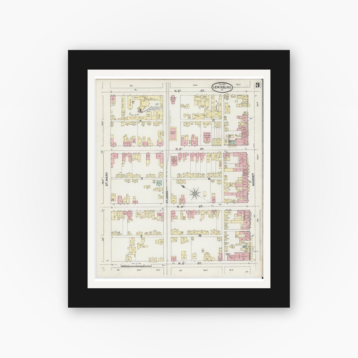 Old map wall art mockup — black gallery frame with white mat — Sanborn Fire Insurance Map from Lewisburg, Union County, Pennsylvania (1890), Sheet #0003