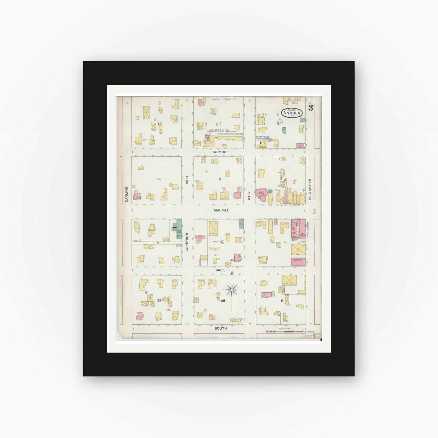 Old map wall art mockup — black gallery frame with white mat — Sanborn Fire Insurance Map from Angola, Steuben County, Indiana (1892), Sheet #0003